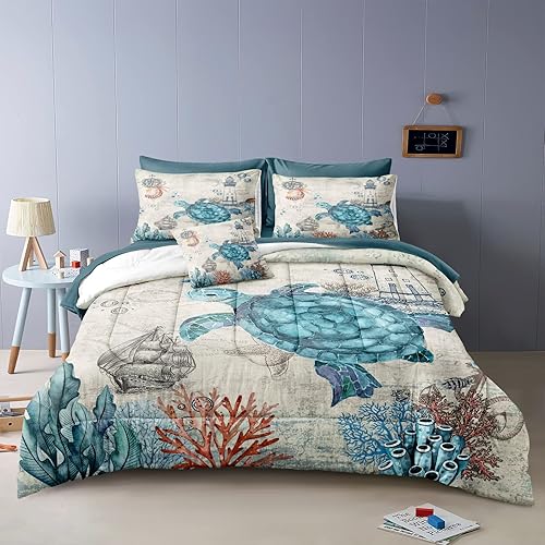 Miniatura 8 de Juego de edredón de tortuga oceánica cama en una bolsa, ropa de cama con temática de playa costera de 8 piezas con 1 edredón, 1 sábana encimera, 1