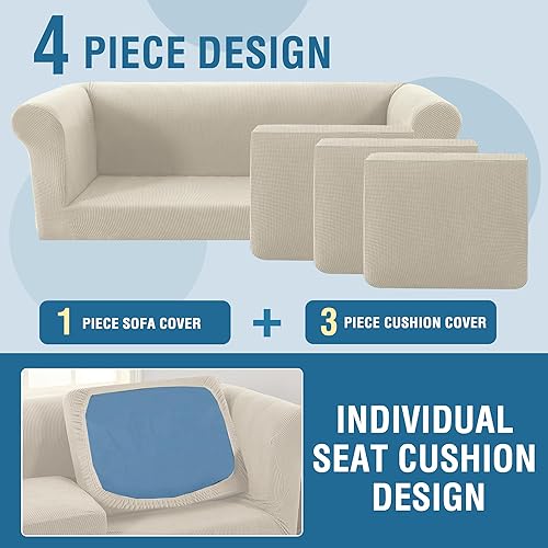 Miniatura 4 de H.VERSAILTEX Funda elástica Chesterfield de 4 piezas para sofá de 3 cojines, fundas de sofá de mediados de siglo para asientos profundos (funda base
