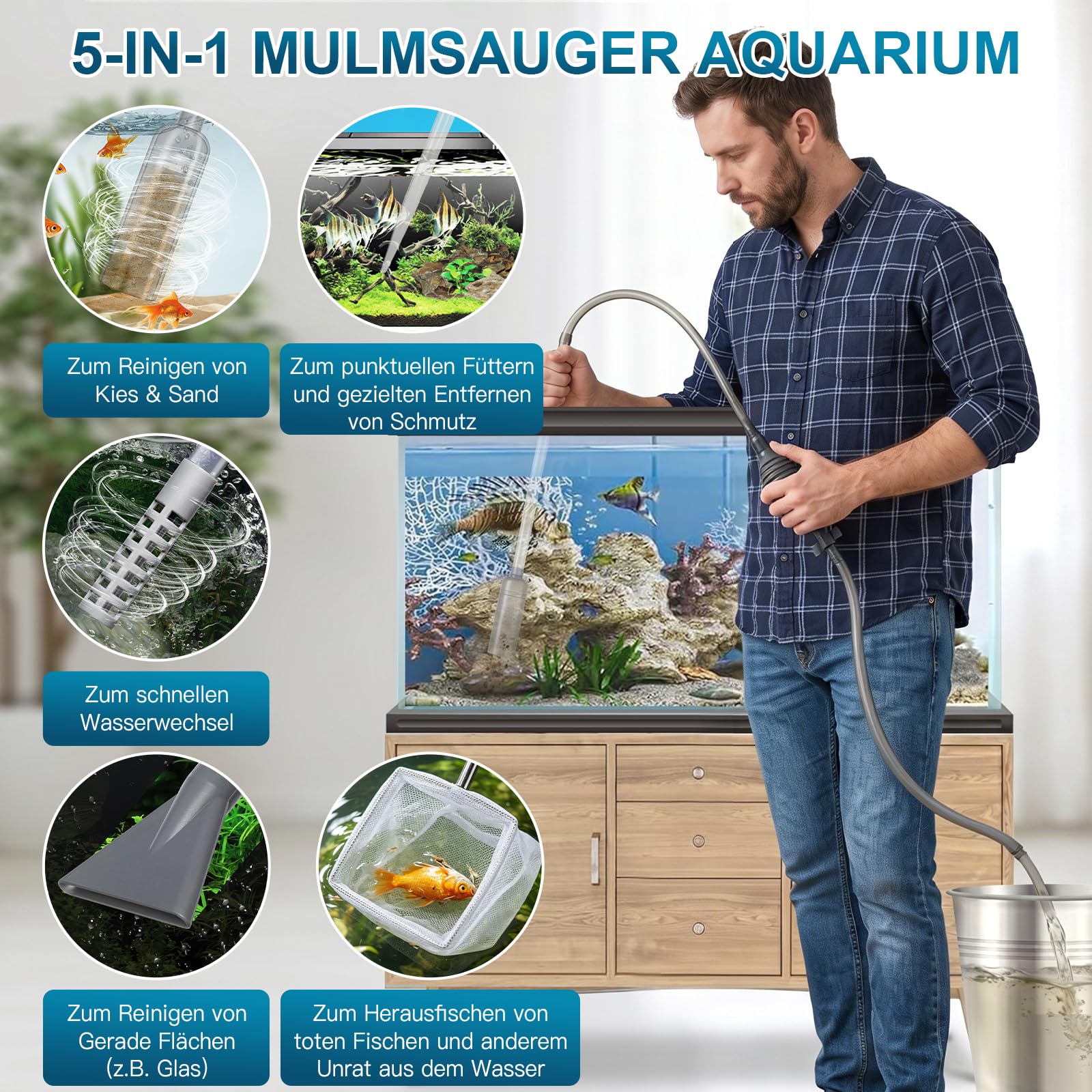 Mulmsauger Aquarium Sauger mit 5 Aufsätzen - Aquarium Wasserwechsel mit Pumpe und Schlauchventil, Aquarium Reinigungsset für Kiesreiniger & Bodenreiniger - Zubehör Für kleine & große Aquarien
