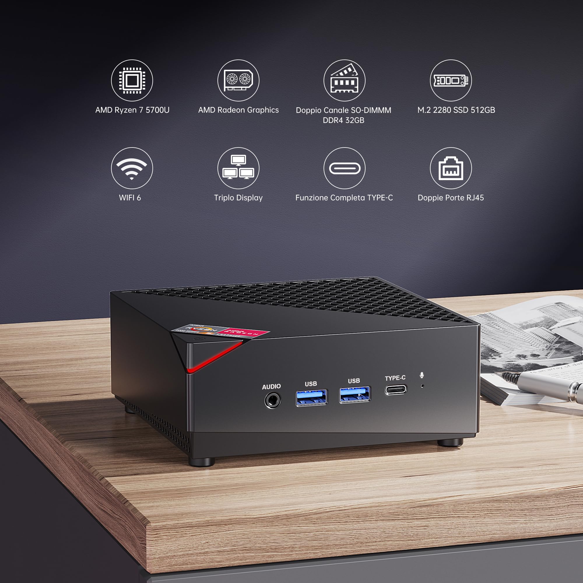 ACEMAGICIAN AM06 Pro Mini PC, ΑMD Ryzen 7 5800U (8C/16T, fino a 4,3GHz), 32 GB DDR4 512 GB SSD, Mini Computer Desktop Con Triplo Display 4K | Type-C | Dual Ethernet | WiFi 6 | BT 5.2