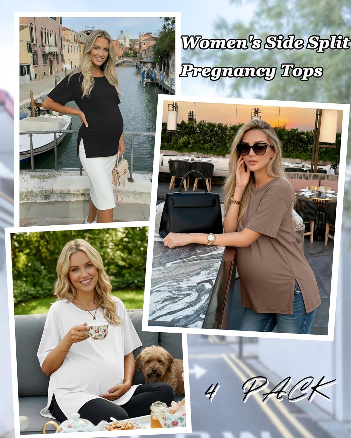 Riyiper 4 Pack Women's Maternity T Shirts, Short Sleeve Split Side Pregnancy Tee Tops Casual Loose Crewneck Maternity Clothes - Image 2