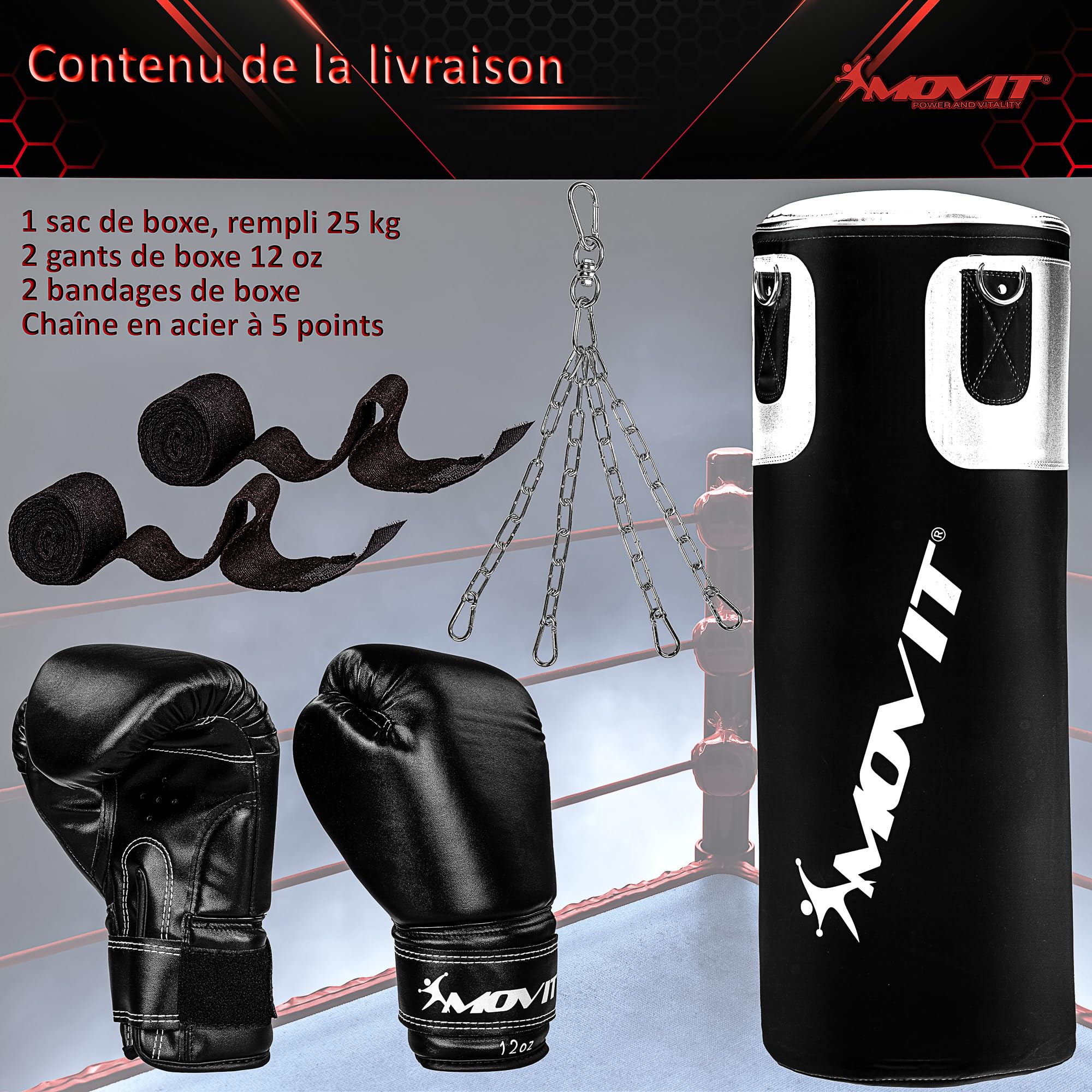 MOVIT Set de Sac de Boxe 25 kg, rempli, y Compris Sac de Boxe (Hauteur 80cm x diamètre 30cm), Gants de Boxe 12 oz, Bandages de Boxe, pour Adultes, Boxing Boxing, Noir ou Blanc