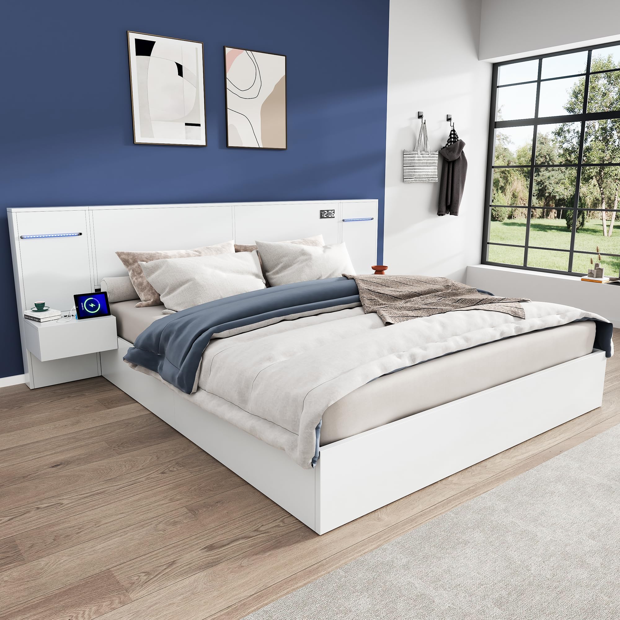 Mrwoo Polsterbett 180x200cm, Holzbett mit USB und Anschluss, Doppelbett mit Bluetooth- Lautsprecher und Farblichtleiste, Weiß (Ohne Matratze)