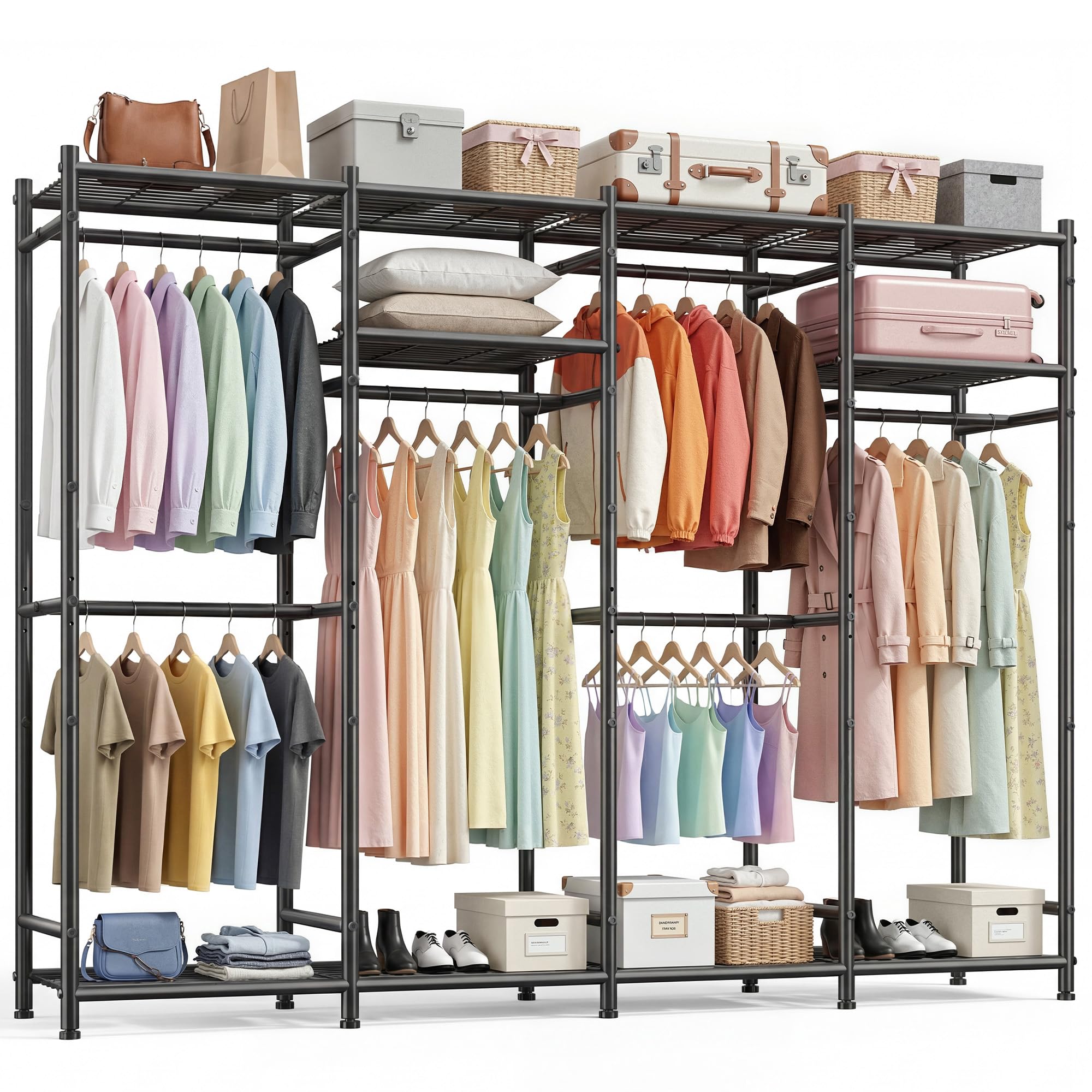 Raybee Clothes Rack, Clothing Racks for Hanging Clothes, Portable Closet with 6 Rods & 10 Shelves, Metal Garment Rack for Bedroom, Freestanding Wardrobe Closet, Black