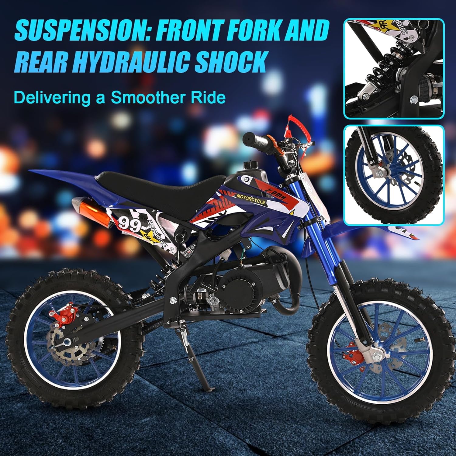 50cc Mini Dirt Bike,Gas Power 2-Stroke motos para niños Kids Dirt Bikes Mini Bike Gas Powered Off Road Trail Bike Gas-Power Motocross with Front Rear Disc Brakes Uphill and Off-Road Conditions (Blue)