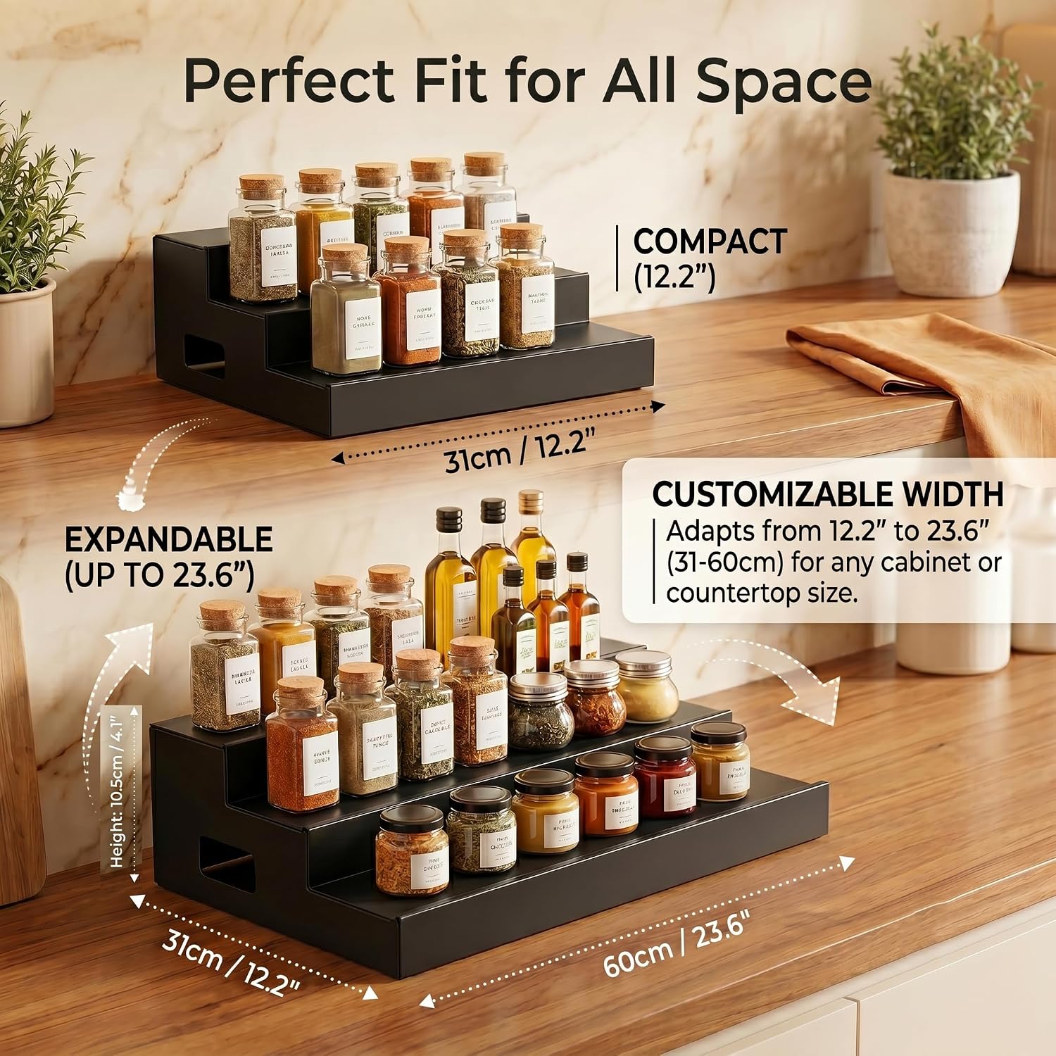Expandable Metal Can Rack Organizer for Pantry，3 Tier Spice Organization and Storage, Kitchen Countertop Organizer, Can Pantry Organizers, Perfume Vanity Organizer, Display Risers, Black