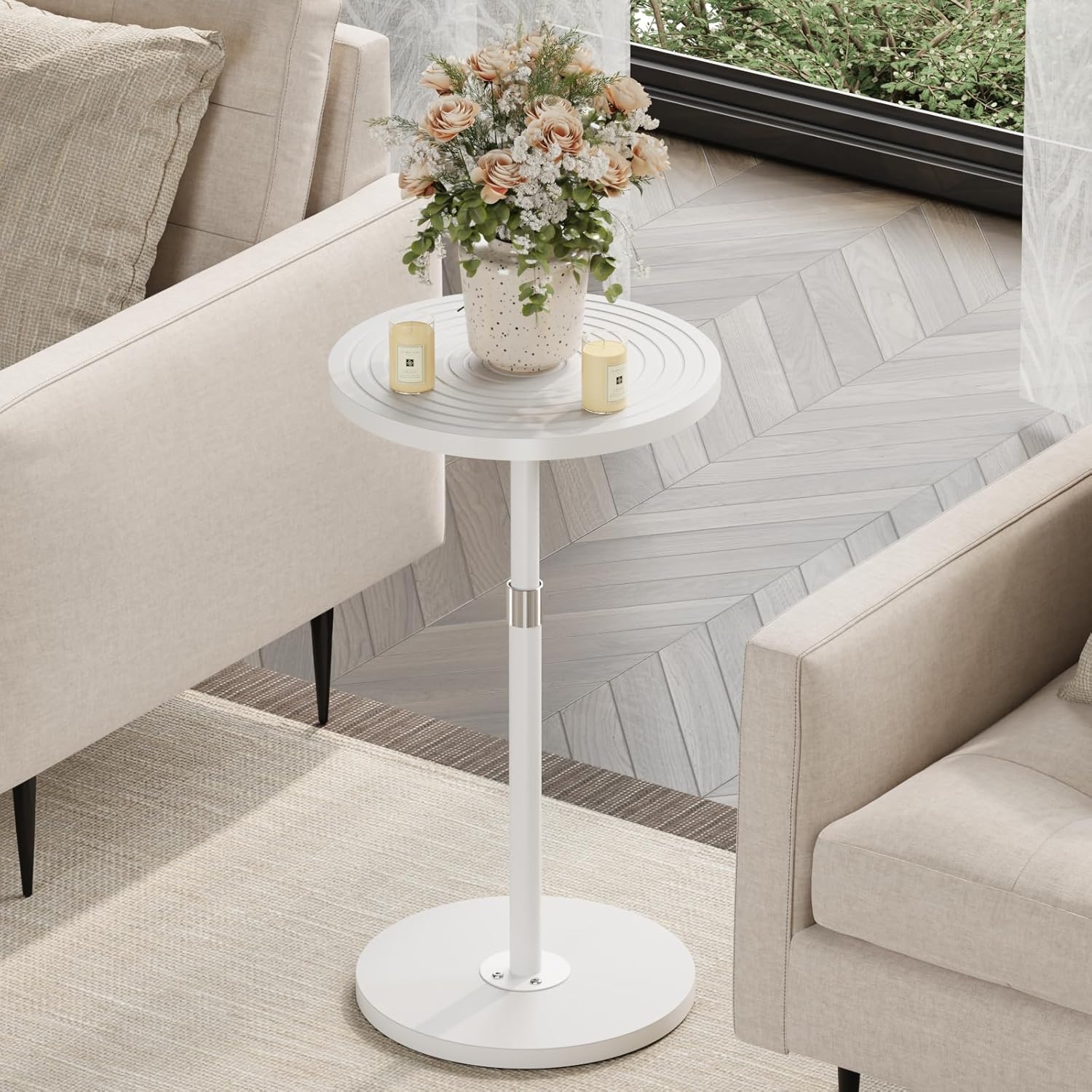 Asgolion Round Side Table, Small Drink Table for Small Spaces, Adjustable-Height Pedestal Martini Table, Weighted Base Cocktail Stand for Living Room, Bedroom, Bathroom, Nursery, Office, White