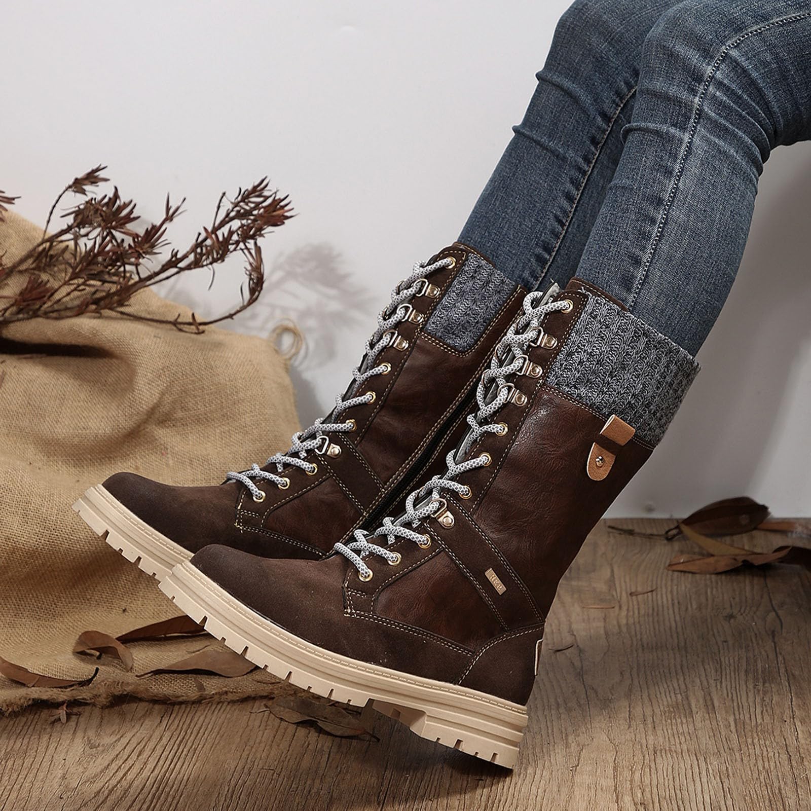 Autumn and Winter New Boots Fashion Style Lace Up Middle Sleeve Wool Mouth Thick Heel Women's Boots Boot Spats Men (Brown, 8)