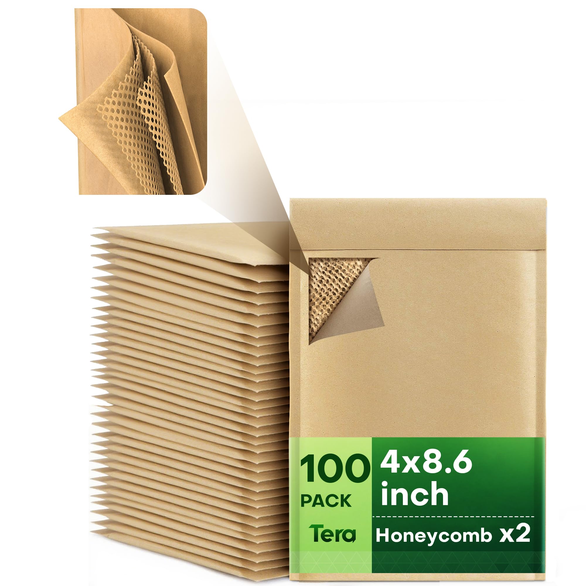 Tera Lot de 100 enveloppes d'expédition rembourrées en nid d'abeille : 12,2 x 22,1 cm, 4 couches, autocollantes, biodégradables, recyclables, pour bijoux, maquillage, sacs d'expédition pour petites
