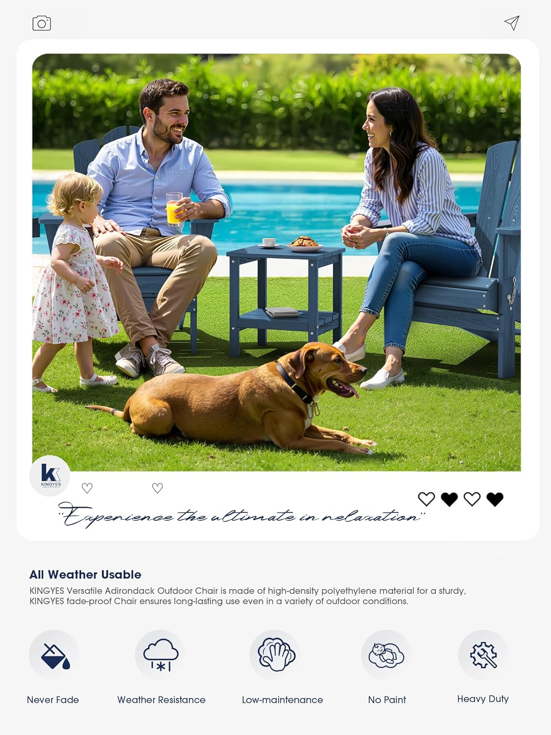 KINGYES Folding Adirondack Chair, HDPE All-Weather Patio Chairs with Cup Holder, Wooden Textured Fire Pit Chairs for Poolside, Backyard, Deck, Navy - Image 6