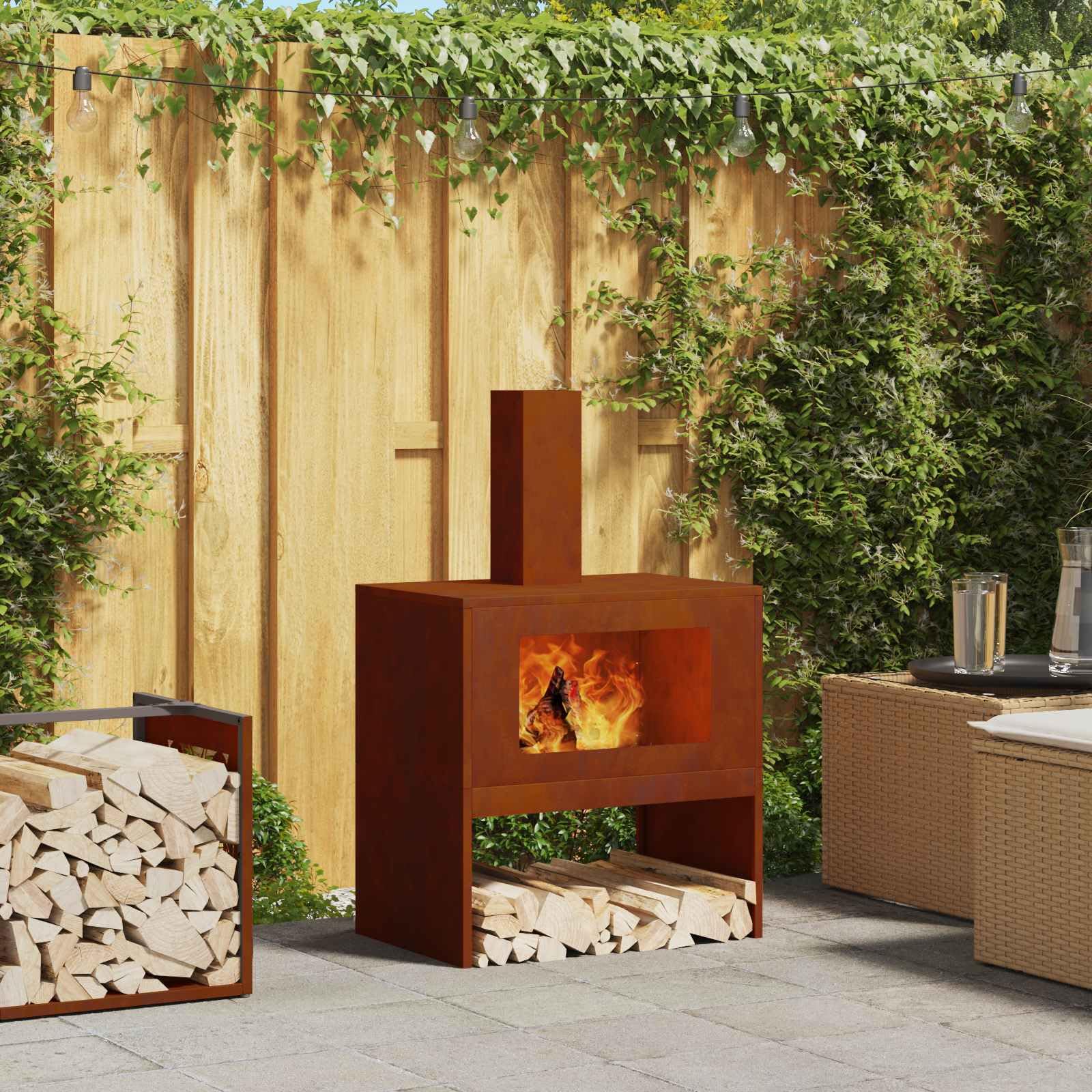 Brasero marrón 60 x 40 x 96 cm, acero resistente a la intemperie, estufa de jardín con chimenea para eventos al aire libre, resistente a la intemperie, hoguera abierta, diseño duradero