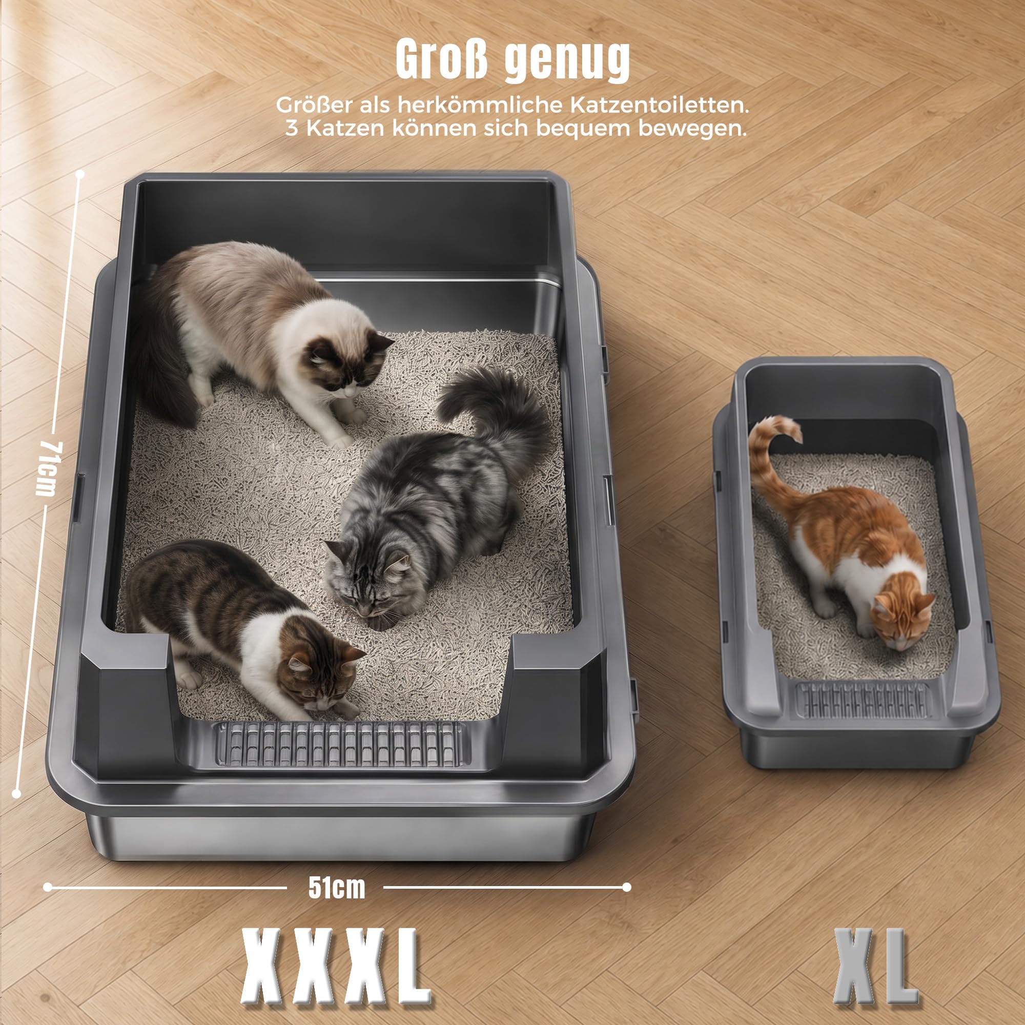 Geschlossenes Edelstahl Katzenklo, XXXL mit Deckel, auslaufsicher & spritzsicher, integrierter Aktivkohle-Deodorant + Katzenstreuschaufel, ideal für große Katzen und Mehrkatzenhaushalte