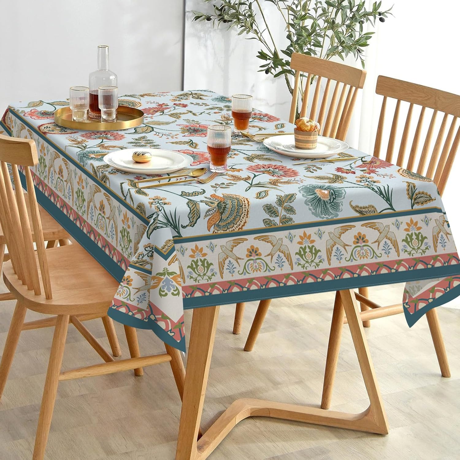 Boho Flower Bird Square Tablecloth 70 x 70 Inches, Bohemian Floral Decorative Dining Table Cloth, Elegant Vintage Farmhouse Dinner Tablecover Picnic Party Decoration