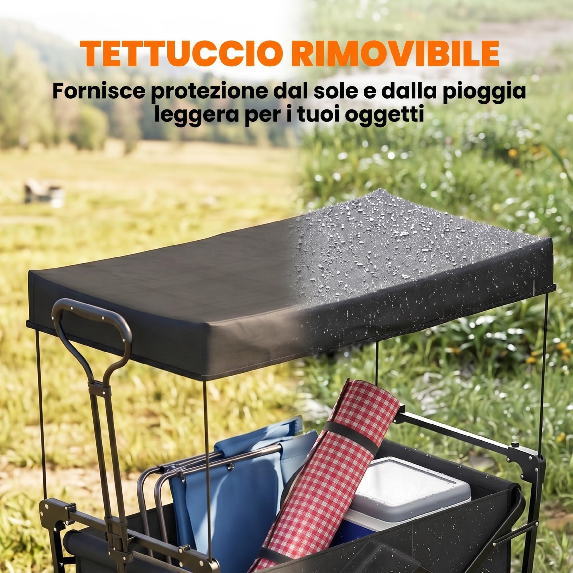 Outsunny Carrello da Giardino 110L con Maniglia Telescopica e Tettuccio, Carrello da Giardinaggio in Acciaio e Tessuto Oxford, Nero