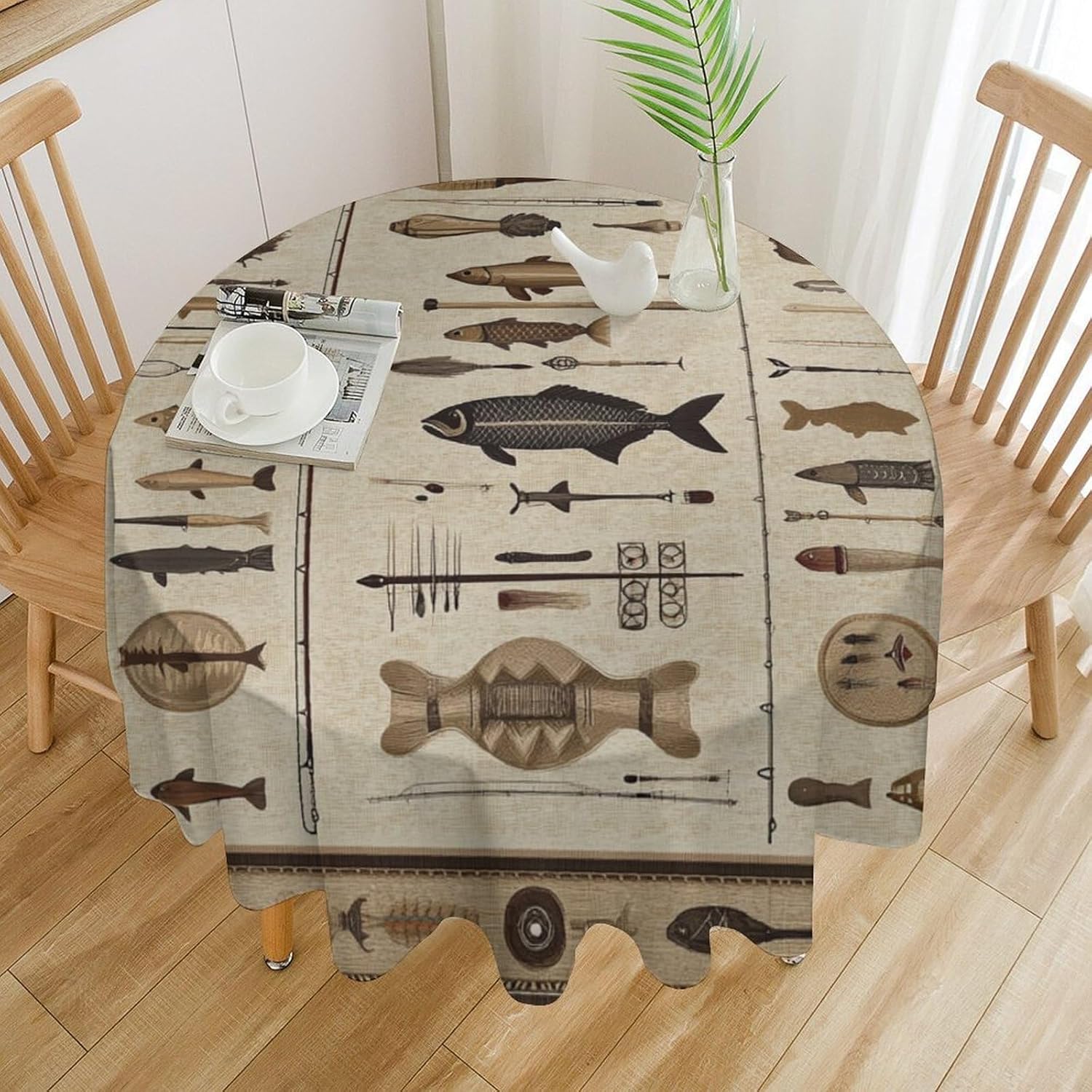 Patchwork Hunting Fishing Table Cloth for Dining Table Vintage Brown Indian Feather Round Tablecloth for Kitchen Home Decor Holiday Party, 70 Inch