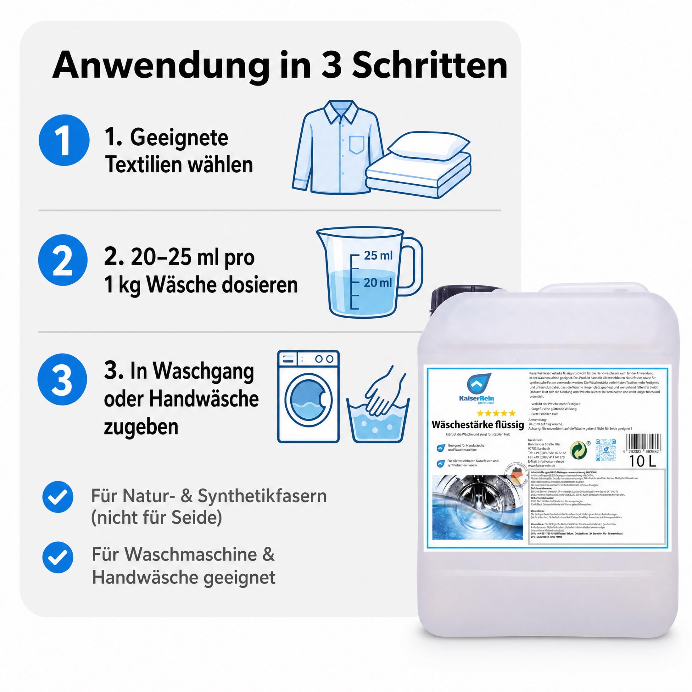 KaiserRein Wäschestärke flüssig 10 L, Wäschesteife für stabilen Halt & glattes Finish, Bügelstärke für Waschmaschine & Handwäsche, für Natur- & Synthetikfasern (nicht für Seide), dosierbar