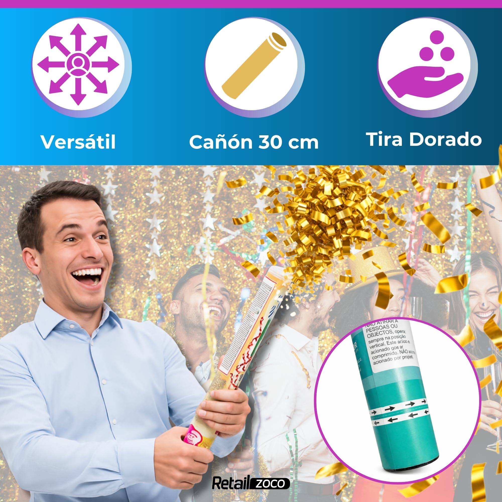 Cañón Confeti Boda, Cañón para fiestas y eventos, Fáciles y Seguros de Usar, Apto para bodas, eventos, celebraciones, Uso interior y Exterior, Diseño Metalizado Dorado, 30 cm, Pack de 3 unidades - imagen 5