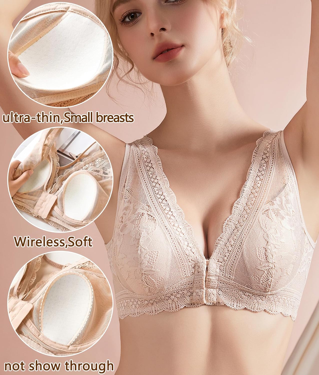 Wireless Bras for Women No Underwire Front Closure Plus Size Bra Comfortable Plunge Lace Womens Bras - Image 3