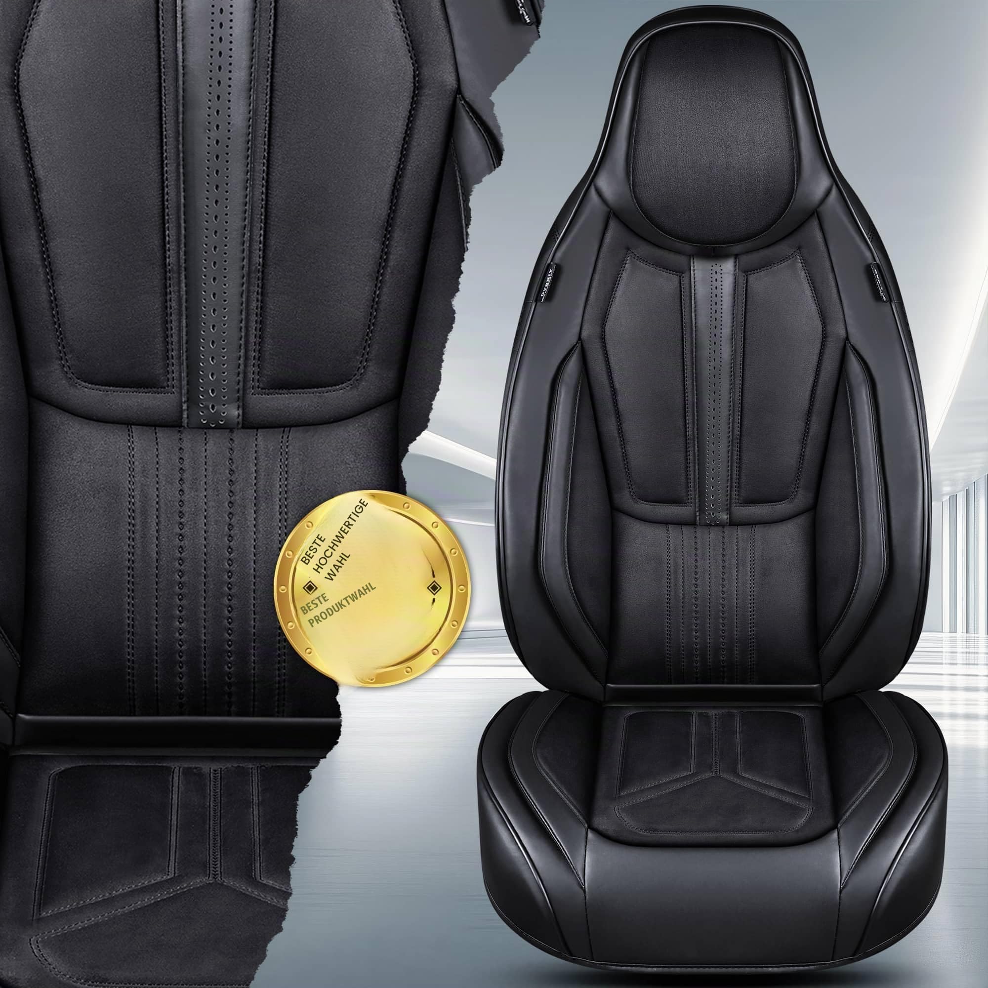 Autositzbezüge Universal für PKW, SUV – Premium Vordersitzbezüge Schwarz, hochwertig verarbeitet für mehr Sitzkomfort, Airbag-kompatibel, Schonbezüge für Fahrer & Beifahrersitz mit Rückentasche