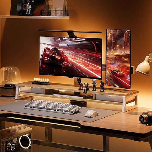 Miniatura 8 de Fenge Soporte de monitor doble, elevador de monitor con cajón, soporte de monitor de computadora grande de 42.5 pulgadas para 2 monitores, estante