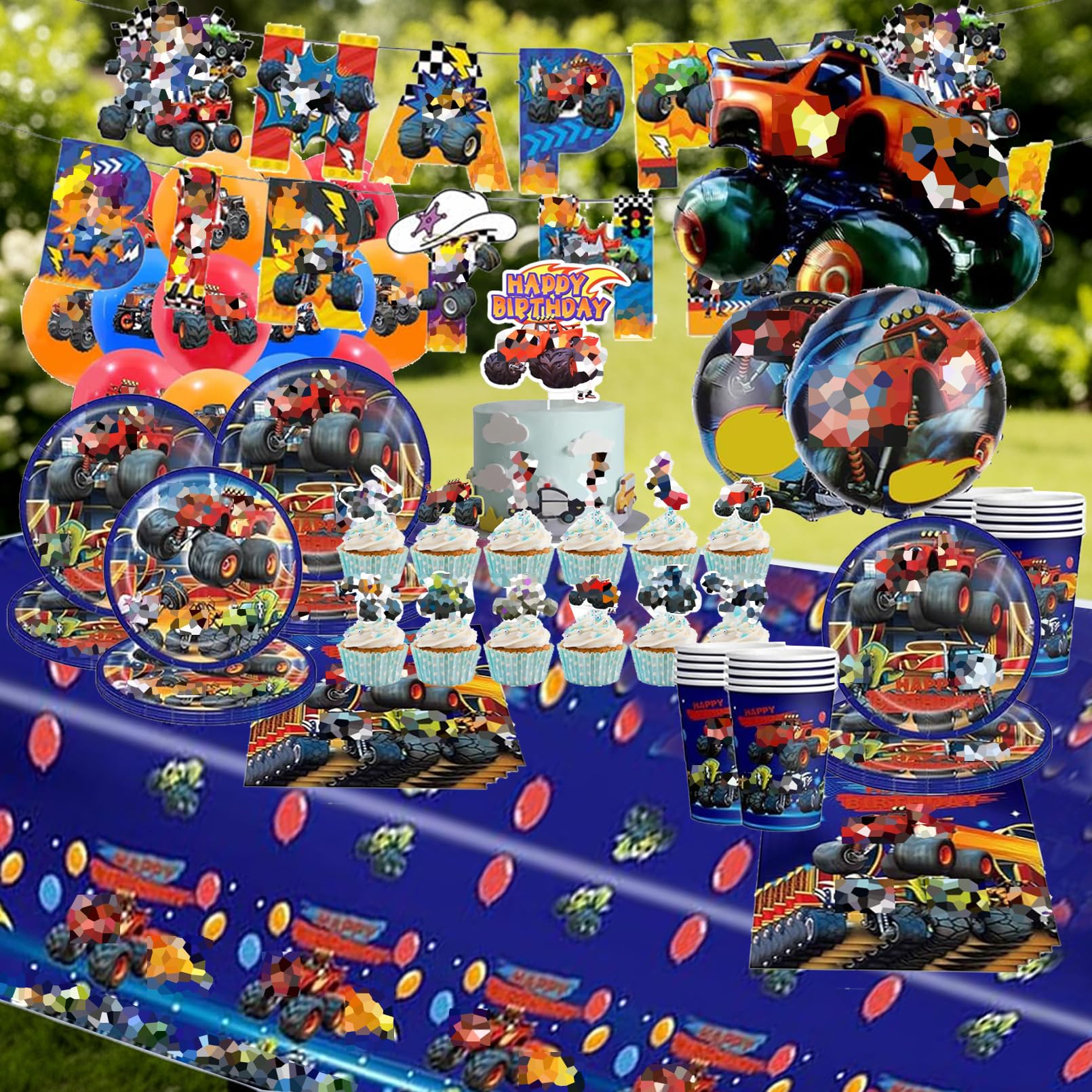98 Pezzi Monster Truk Stoviglie per Feste di Compleanno，Addobbi Compleanno Monster Truk，Cars Tovaglioli, Tovaglia, Cars Piatti di Carta，Adatto a 10 persone