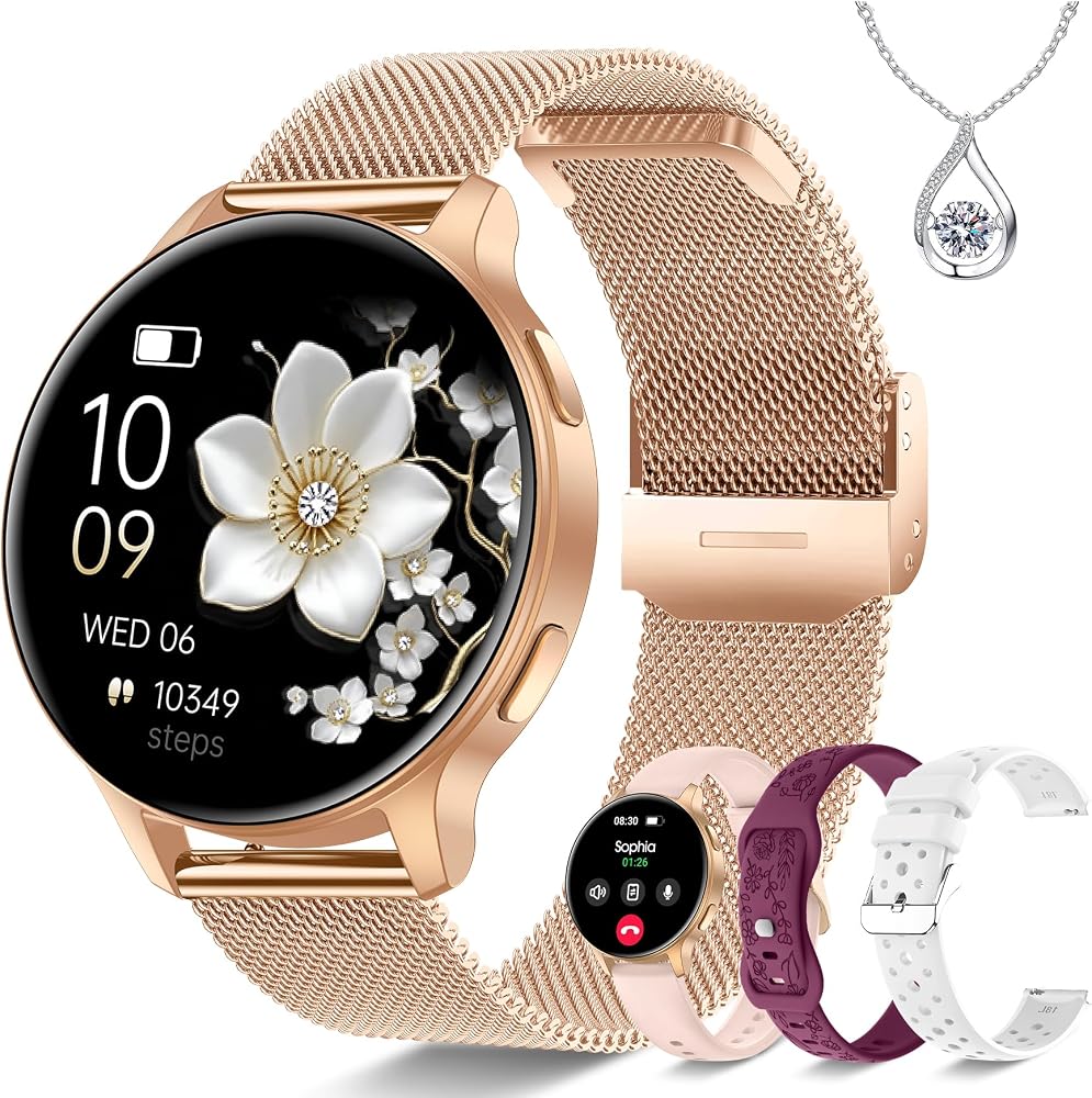 Reloj Inteligente para Mujer, Rastreador de Ejercicios HD de 1,27" con 4 Bandas y Juego de Regalo de Collar, Monitor de Sueño SpO2 de Ritmo Cardíaco, Más de 120 Modos Deportivos, Llamadas y Notificaciones, Reloj Inteligente para iPhone Android, 40 mm