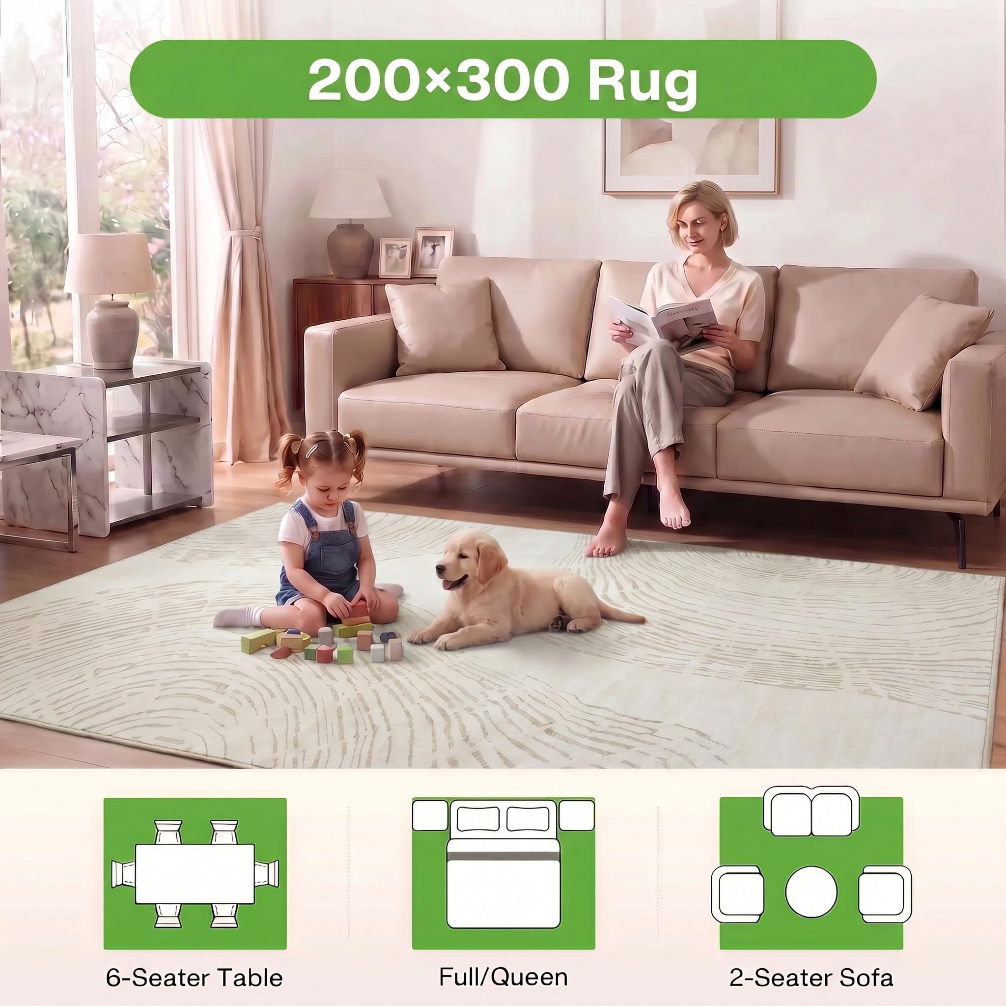 Teppich 200 x 300 cm Beige, Moderner Waschbarer Teppich für Wohnzimmer | Weicher Rutschfester Boho-minimalistischem Stil Teppich – pflegeleicht, haustierfreundlich und OEKO-TEX zertifiziert