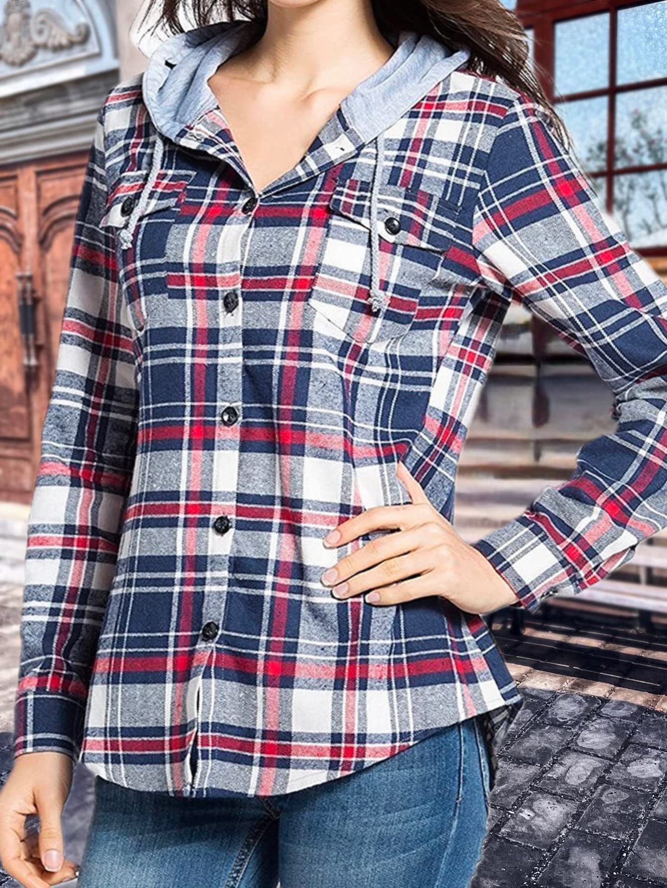 Klasyczne bawełniane bluzy z kapturem w kratę dla kobiet - flanelowa koszula z długim rękawem zapinana na guziki ze sznurkiem z kieszeniami stroje na co dzień, Jeden kolor, rozmiar uniwersalny