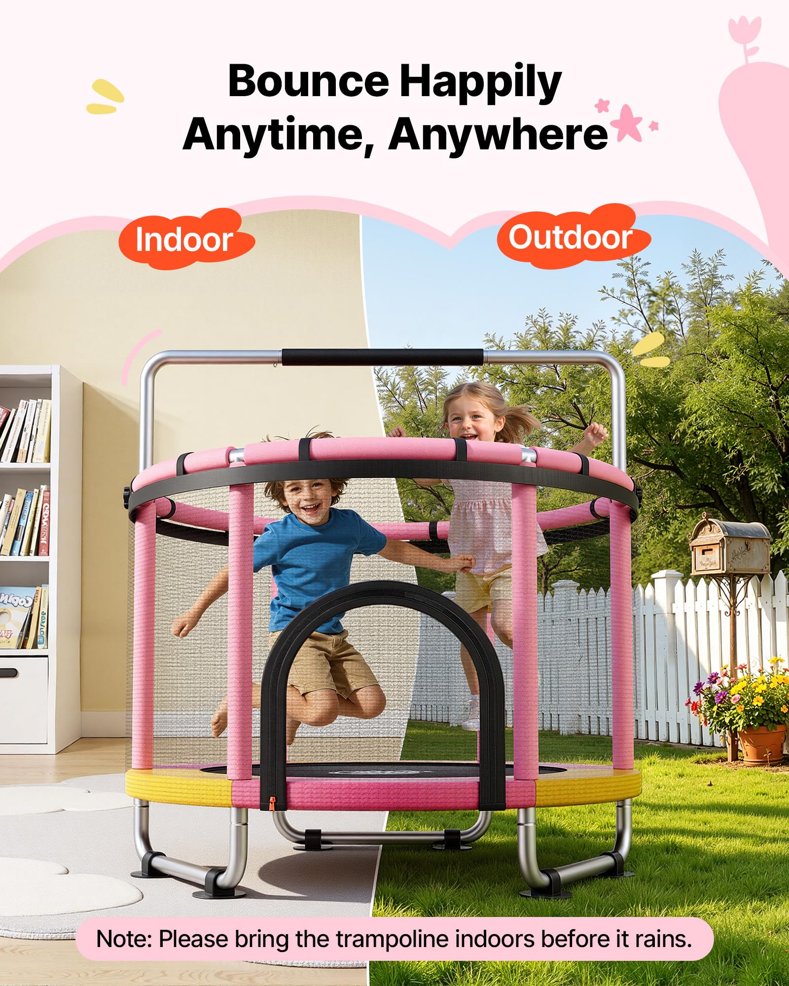 VEVOR Trampolino Elastico per Bambini Rete Protezione 150 cm Carico 60 kg, Trampolino Giocattolo Esercizio per Bambini da Interno Esterno Barra Regolabile Tappeto Integrato, Manubrio a 3 Livelli