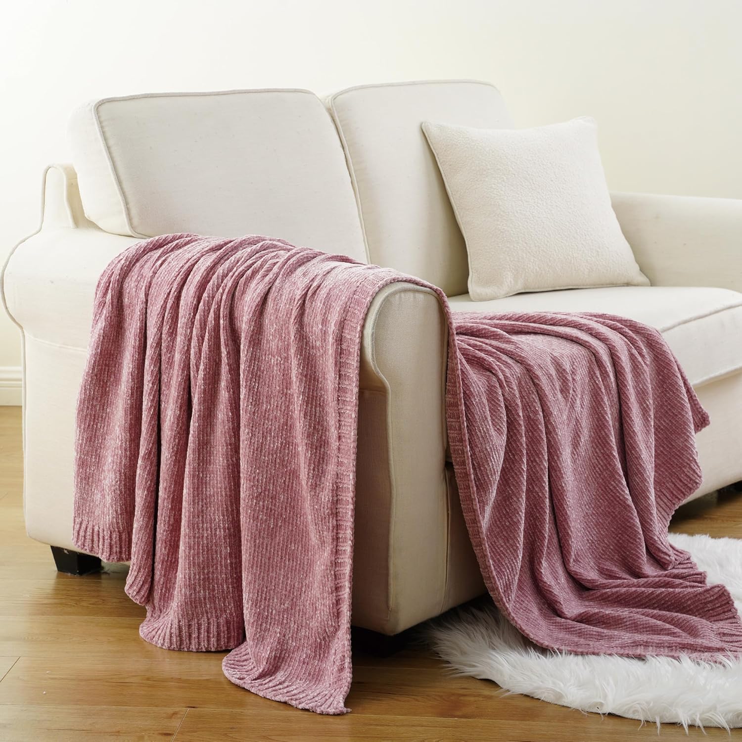 BATTILO HOME Chenille Throw Blanket for Couch, Pink Blanket Throw Chenille Knitted Blankets for Home Decor, Super Soft Blush Pink Throws for Bed Sofa Living Room, 51"x67" - Image 6