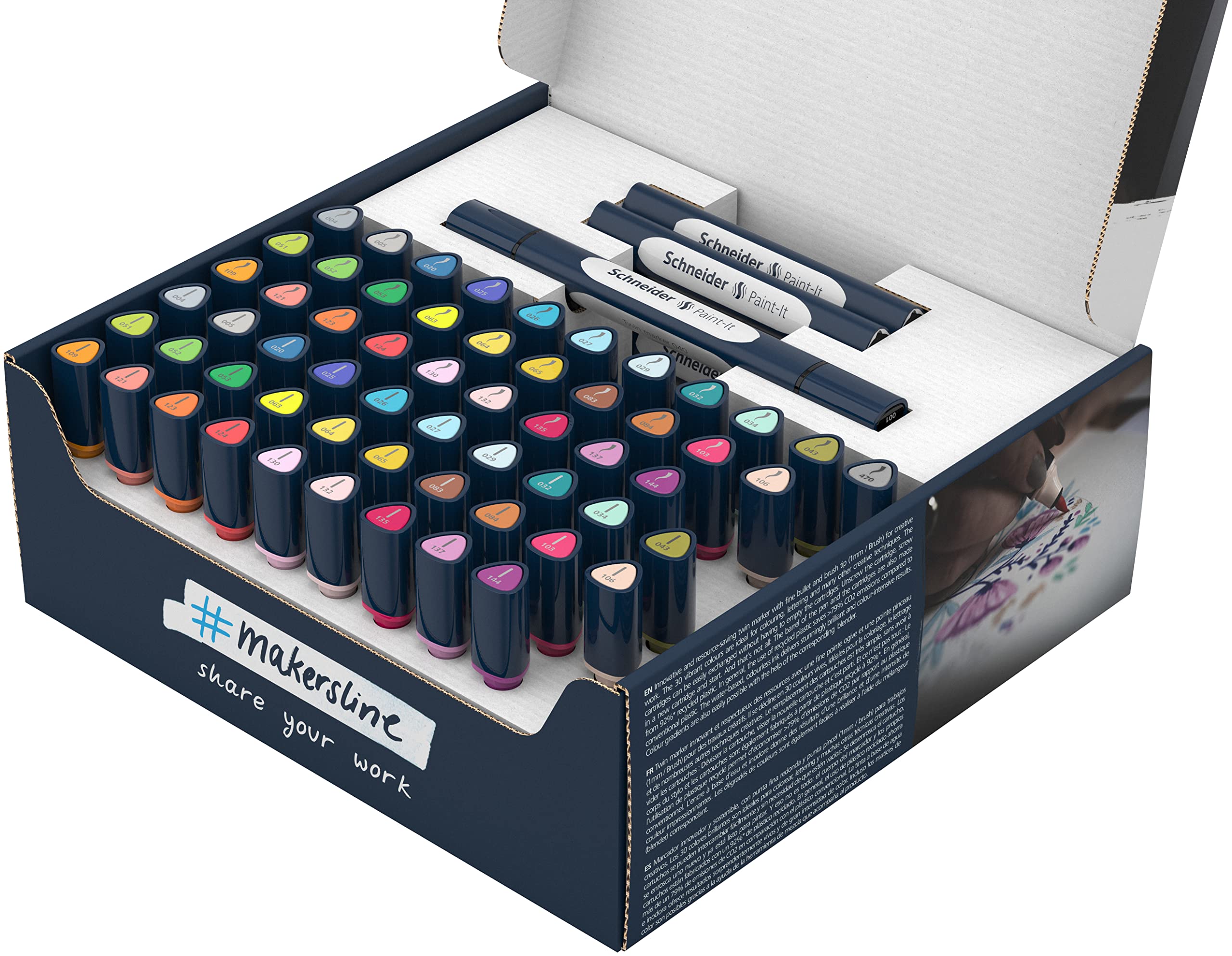 Schneider 040 Paint-It Twinmarker Komplettset (Brush Tip & 1,0 mm Rundspitze,farbintensive Tinte auf Wasserbasis,für die Anwendung auf Papier,Stifte aus 92% recyceltem Kunststoff) 72 Teile, mehrfarbig