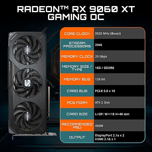 Miniatura 9 de GIGABYTE Radeon RX 7600 XT Gaming OC 16G Tarjeta gráfica, 3 ventiladores WINDFORCE de 16 GB 128 bits GDDR6, tarjeta de video GV-R76XTGAMING OC-16GD