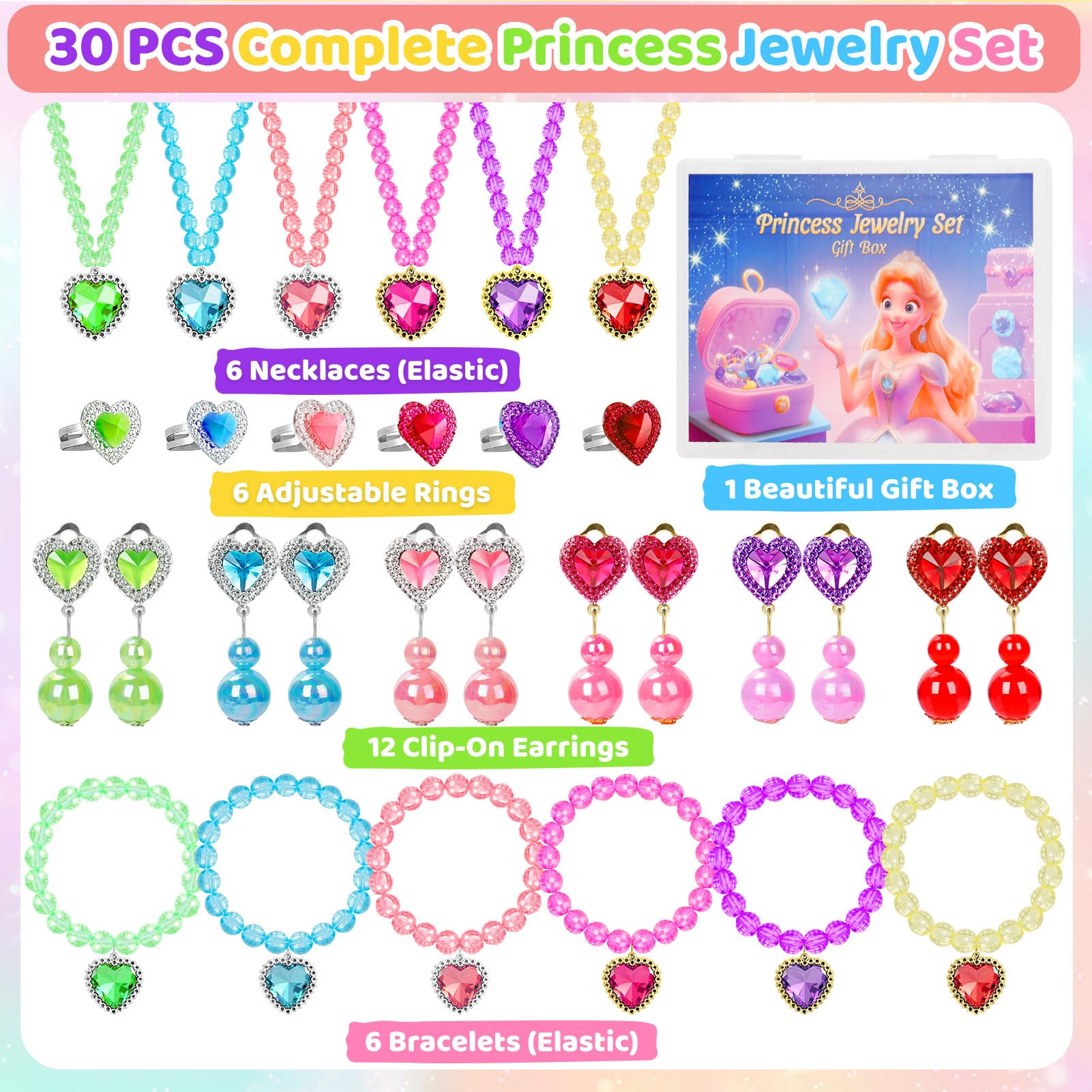 Kinder-Schmuck für Mädchen, 30 Stück, Prinzessinnen-Kostüm, Spielzeug, Spielzeug für Mädchen im Alter von 4–6 Jahren, Kleinkind-Halskette, Armband, Ring, Clip-on-Ohrringe, Kostümschmuck