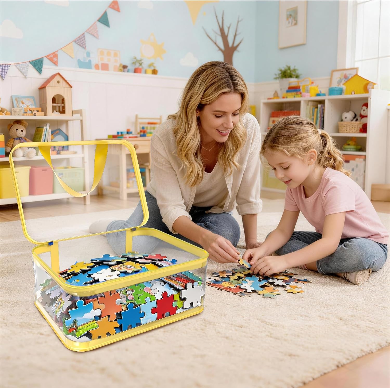 8pcs Extra large color Toy Storage Bags with Zipper and Labels, Clear PVC Waterproof Toy Organizers Bags for Board Games, Puzzles Pieces, Building Blocks, Handmade Accessories