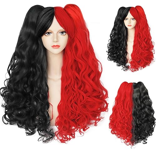 Miniatura 5 de ANOGOL Gorro de pelo + peluca roja y negra con 2 colas de caballo rizadas, peluca larga y rizada roja para mujer, pelucas de cosplay negras para