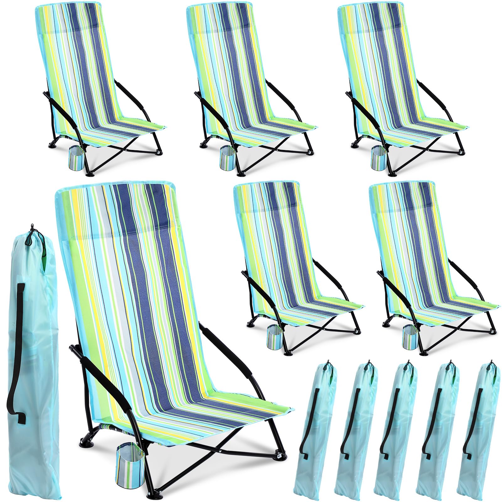 6 Pack Low Beach Chairs, Portable Lightweight Folding Chair for Adults, Low Seat Camping Chairs with Cup Holder, Carry Bag for Outdoor Beach Lawn Sand Picnic Travel(High Back, Green Strips)