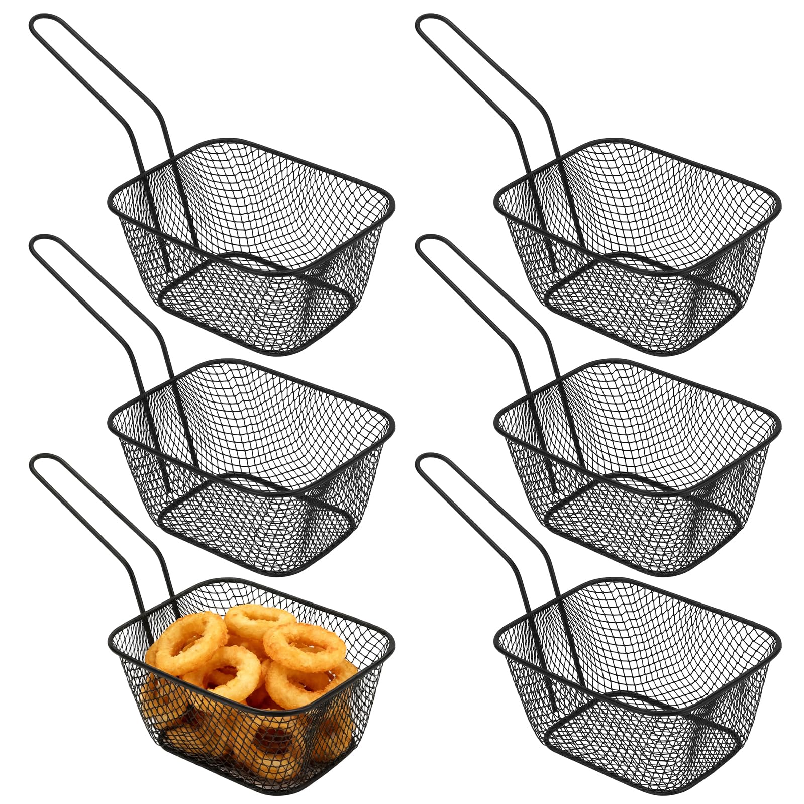 SEUNMUK 6 Pack Chip Serving Frying Baskets, Large Chip Basket with Handle, French Fries Holder Square Deep Fry Basket for Kitchen Home Restaurant, Black(13.5x10.5x6.5cm)