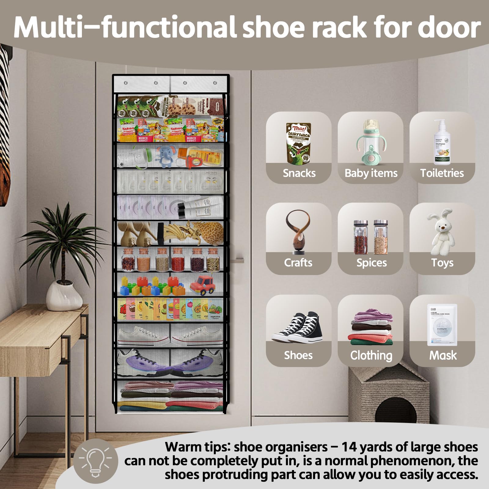 PAULONE Organizador de zapatos de 12 bolsillos sobre la puerta, bolsa de malla grande reutilizable transpirable para hombres y mujeres, organizador de zapatos para niños, bolsa colgante de