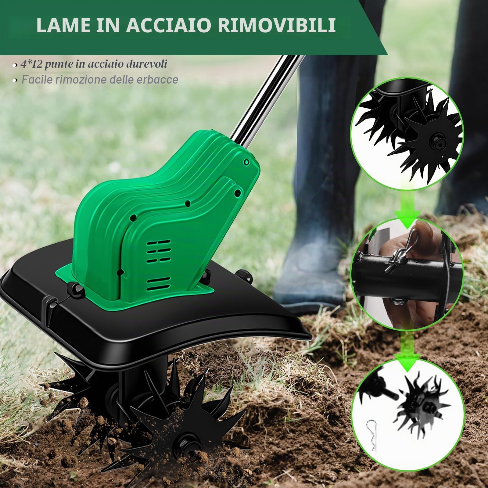 Motozappa senza fili per Makita 18V Batteria, Motozappa a Batteria con Motore Brushless, Altezza Regolabile, larghezza di lavoro 30 cm, profondità di lavoro 16 cm, per Giardini e Cortili