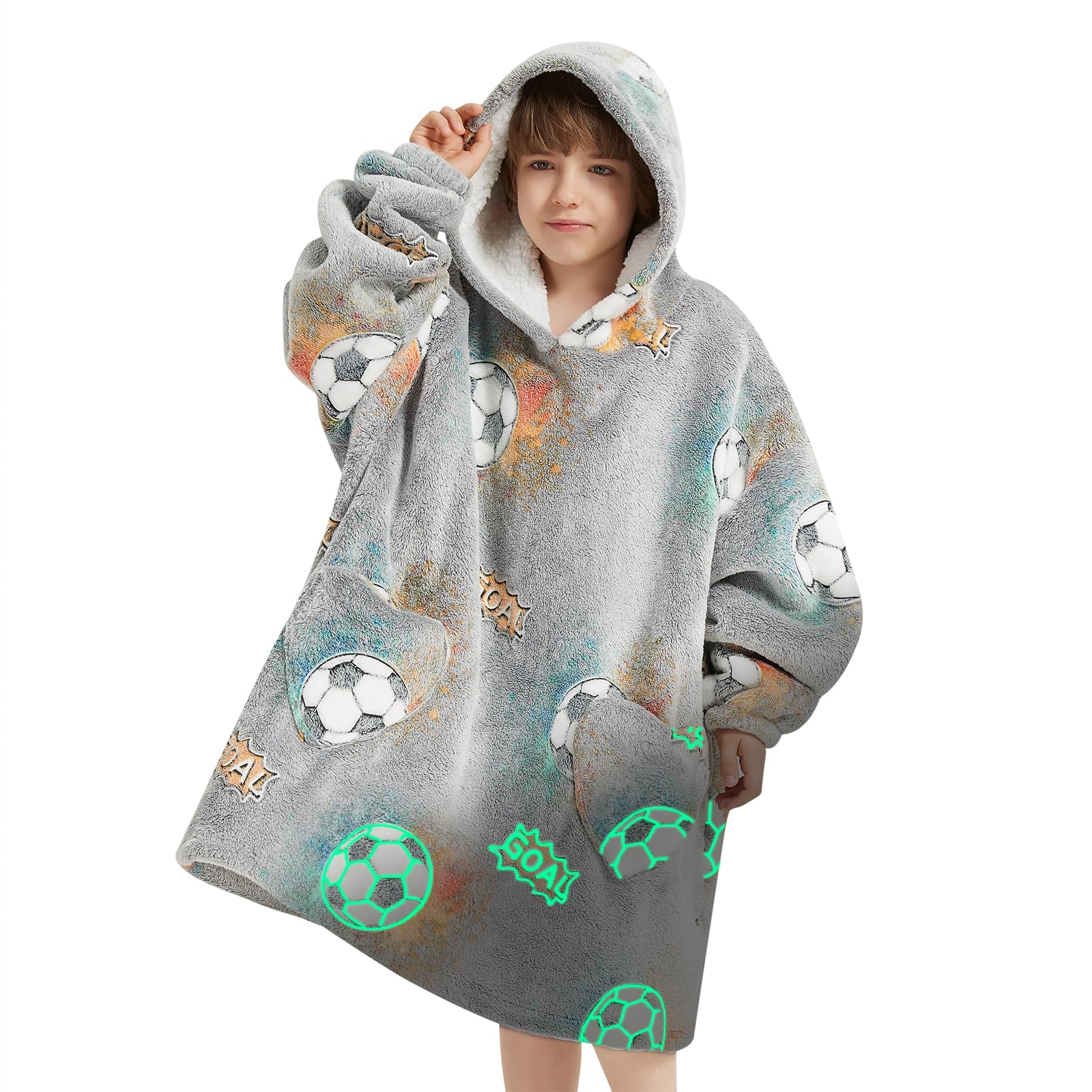 Fiosnow Glow in the Dark Football Blanket Hoodies for Kids 6-13YR Oversize Wearable Blanket Hoodies for Boys Girls Teens