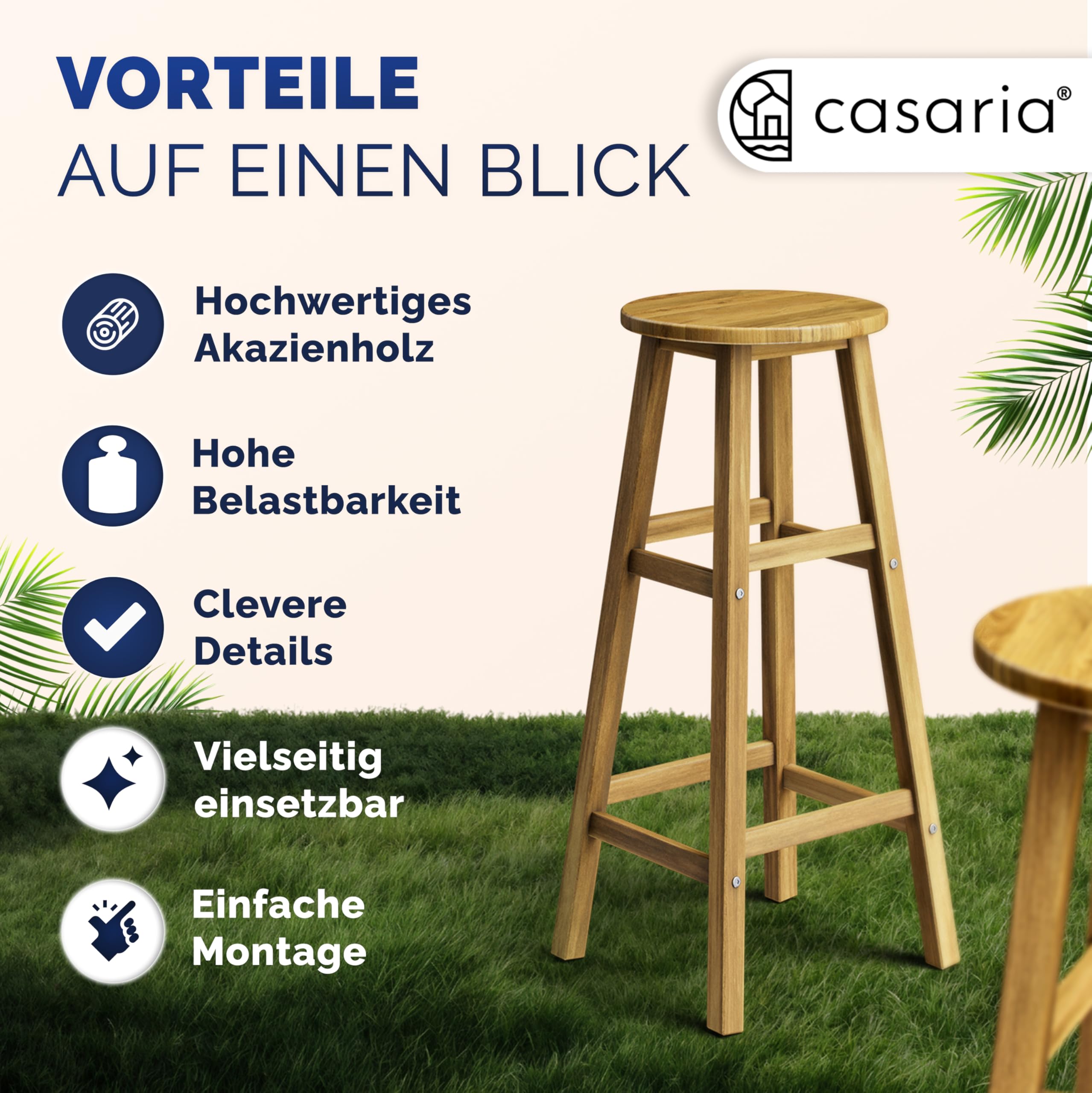 Casaria® Set di 4 Sgabelli da Bar in Legno D'acacia Altezza 75cm Design Rustico Sedia da Cucina Sgabello Tondo Bancone Poggiapiedi