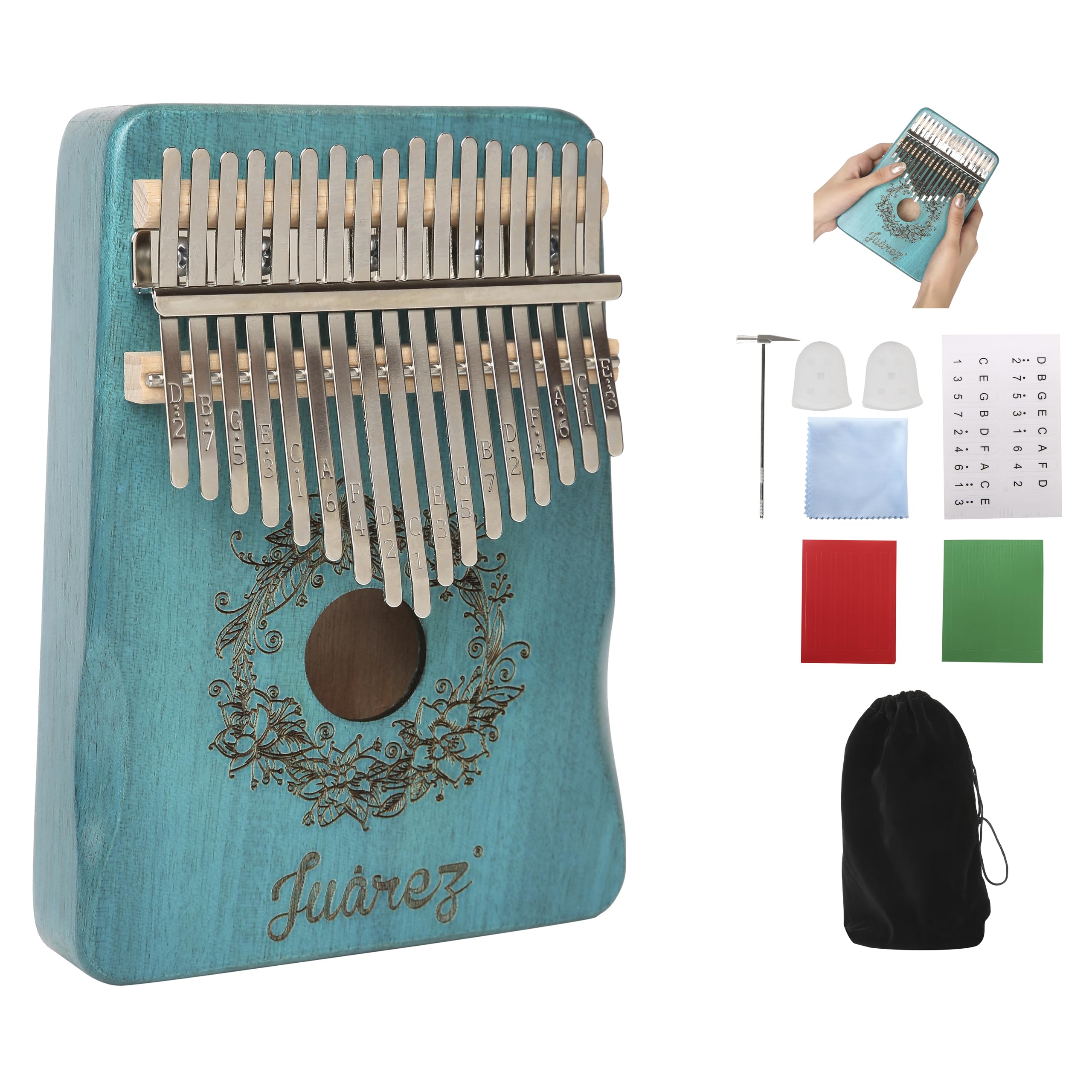 JUAREZ Kalimba Ocean Blue 17-Key Thumb Piano | Mahogany Wood Finger Mbira Musical Instrument | Includes Tuning Hammer, Thumb Protectors, Key Stickers, Cleaning Cloth & Carry Pouch-image-1
