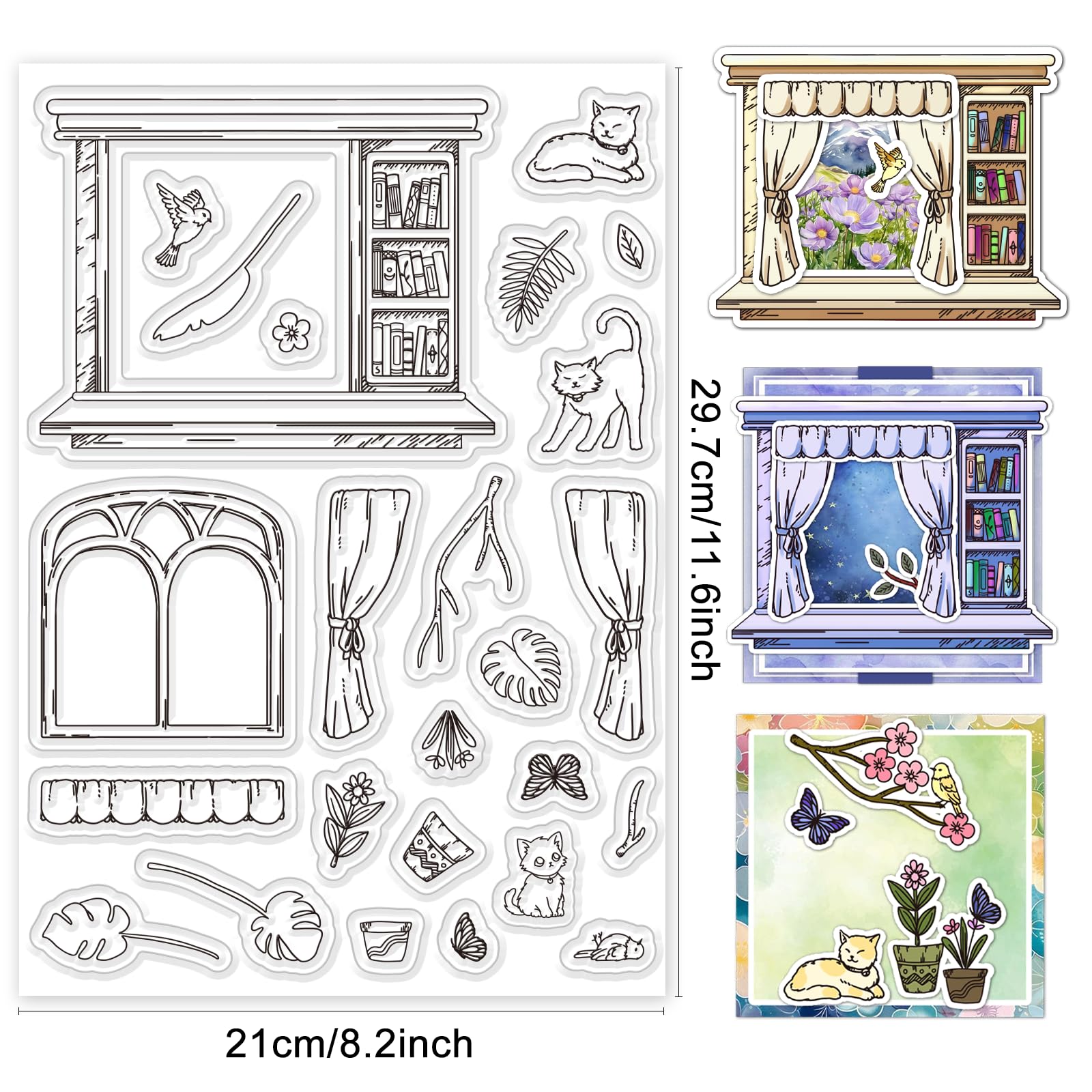 INFUNLY Clear Stamps A4 Vintage Finestra Scrivania Francobolli di Gomma Retro Timbri in Silicone Gatto Fiore Sigilli per Creazione
