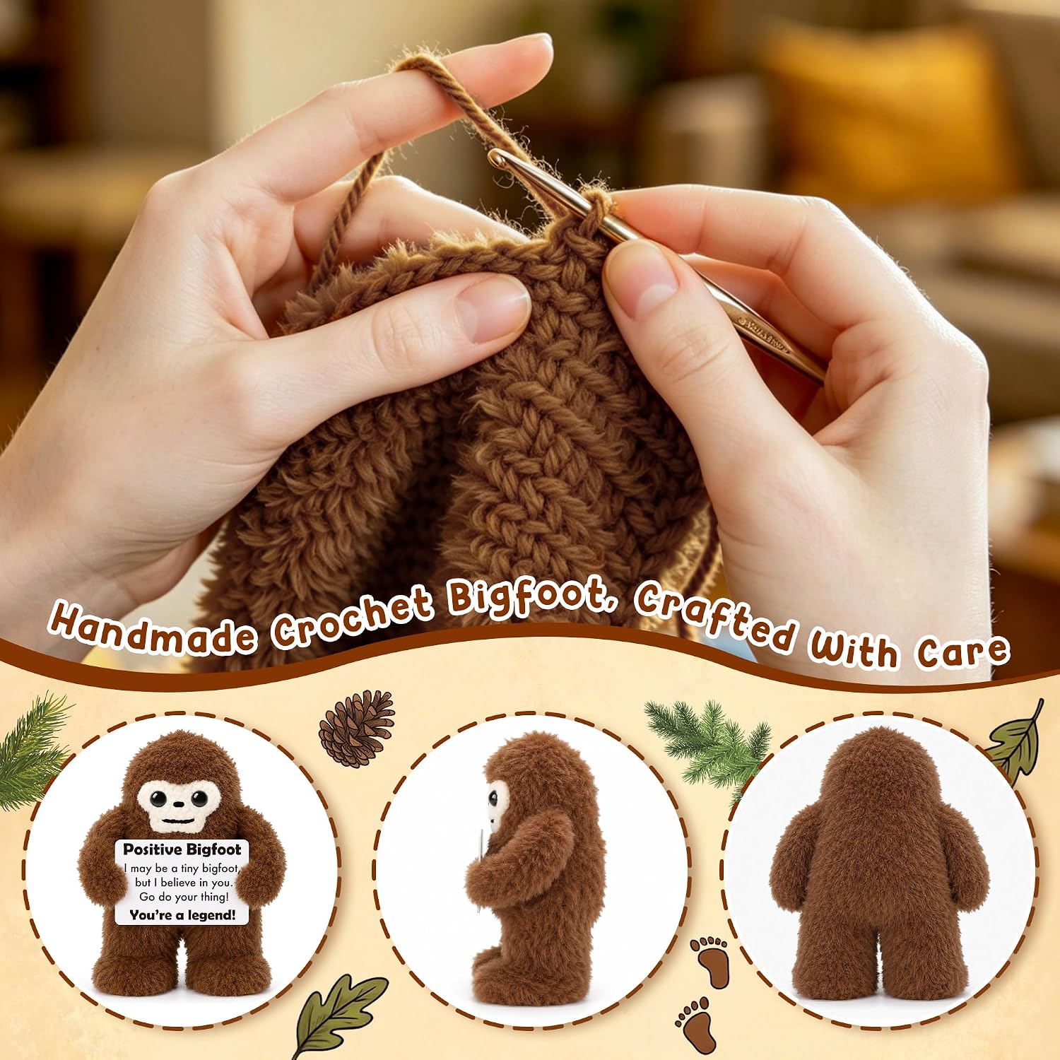 Positive Bigfoot Birthday Gifts for Men Women Best Friend Coworker, Back to School Gifts for Students Teen, Cheer Up Support Gift for Boyfriend Brother Son, Handmade Positive Crochet Animals Bigfoot