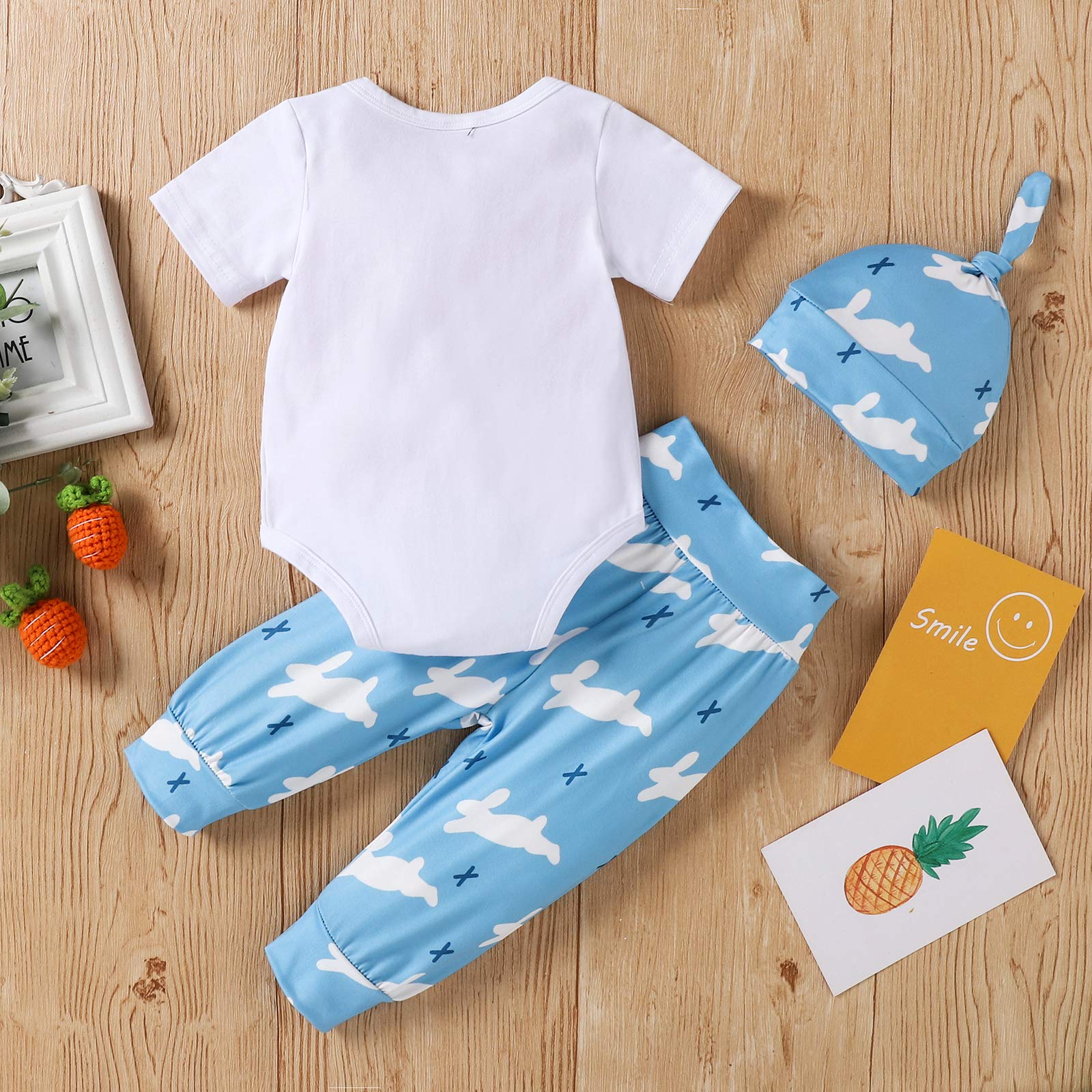 BULINGNA 3Pcs/Set Infant Baby Boy Girl My 1st Easter Bodysuit Romper+Bunny Pants+Hat Easter Outfit (Blue, 6-9 Months)