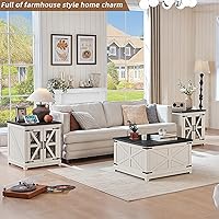 Vista 5 de Juegos de Mesa de Centro Estilo Granja de 3 Piezas, Mesas Auxiliares Grandes con Estación de Carga y Mesa de Centro con Compartimento