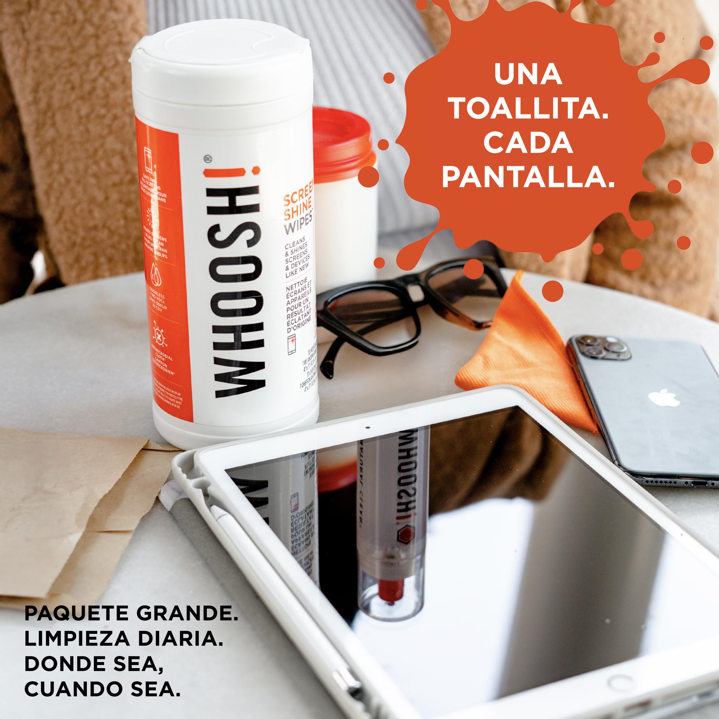 WHOOSH! Limpiador de Pantalla 70 Toallitas, Sin Alcohol, Sin Rayas, TV OLED, Laptop, Móvil, Tablet, Limpia Gafas, Paño Microsuede Incluido