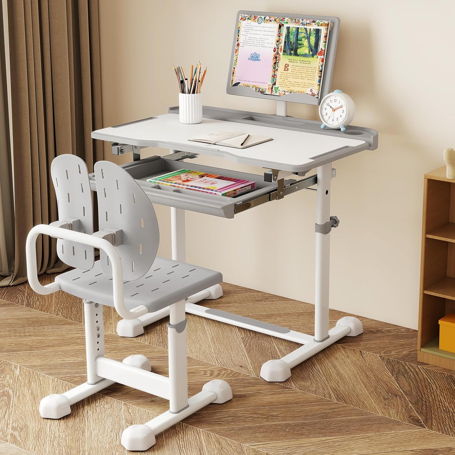 Costzon Kids Desk and Chair Set, Height-Adjustable Children Study Desk Set with Tilt Desktop, Book Stand, Footrest Bar, and Ergonomic Design, Writing Table & Chair for Toddlers (Grey)