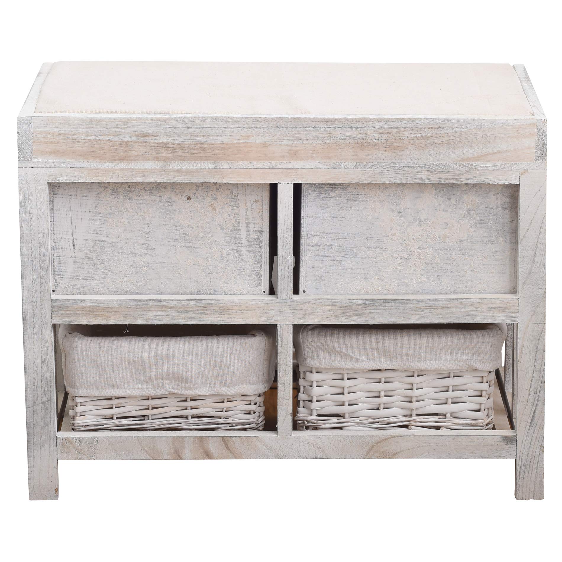 Rebecca Mobili Panchina contenitore di legno, seduta imbottita 2 cassetti e 2 ceste vimini, bianco, stile vintage, arredo camera bagno - Misure: 46 x 60 x30 cm (HxLxP) - Art. RE4553