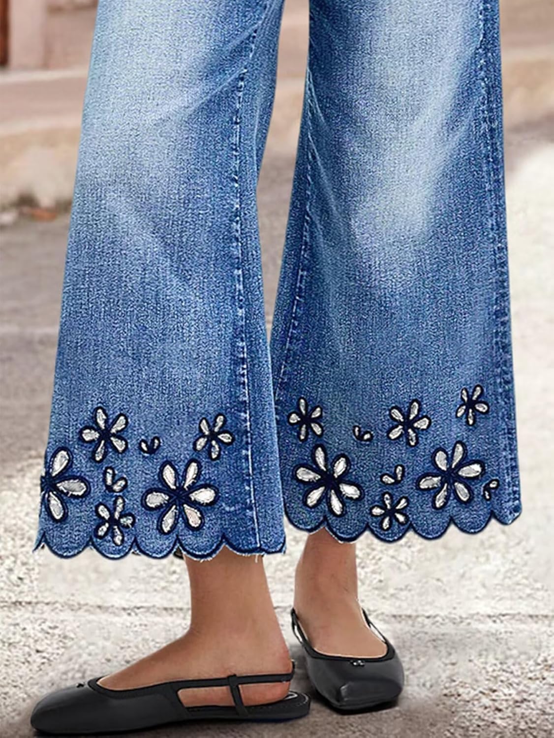 Flamingals Women's Floral Embroidery Wide Leg Jeans Mid Rise Strechy Casual Trendy Denim Cropped Pants - Image 5